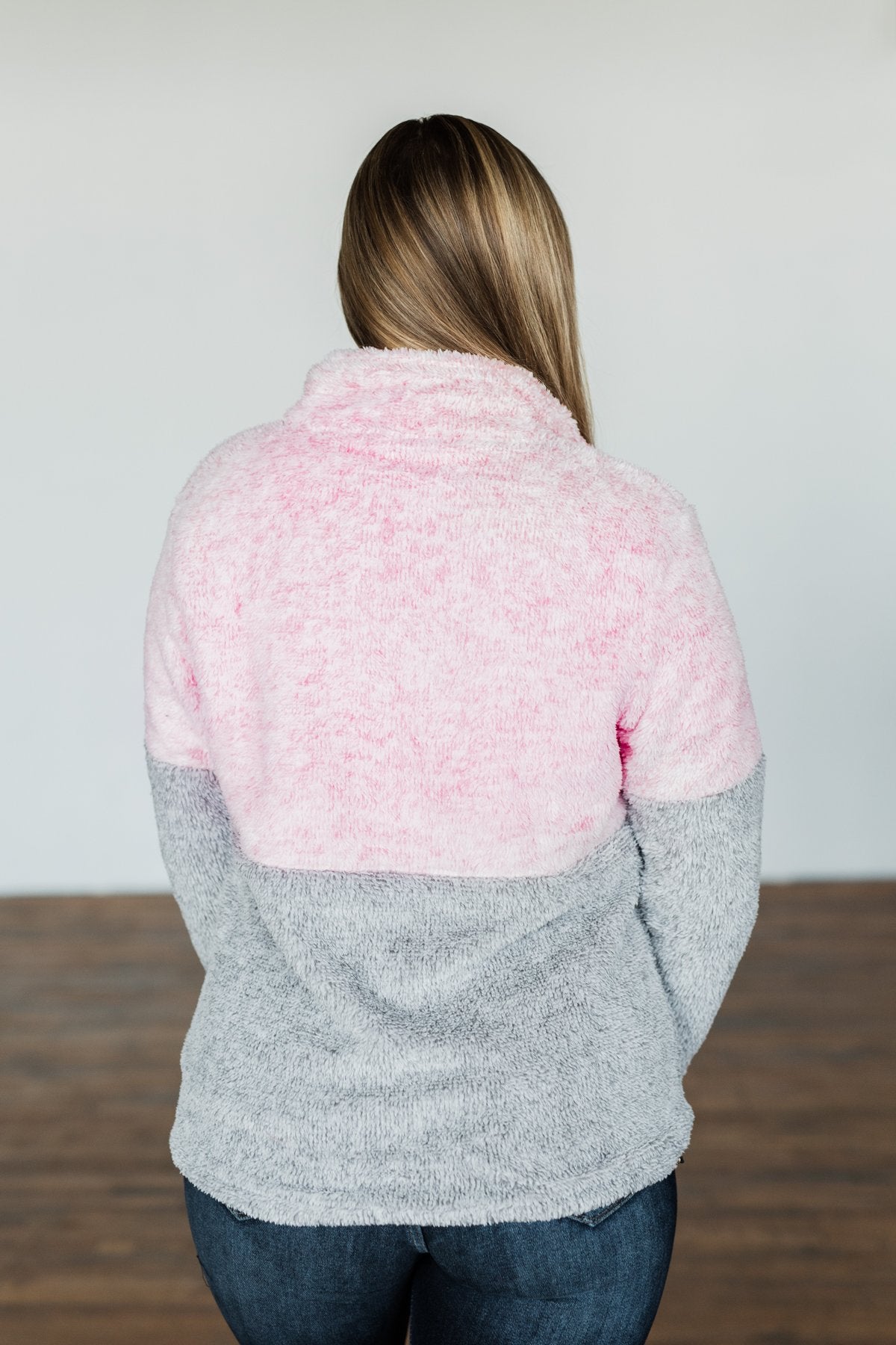 1/4 Button Snap Color Block Sherpa- Pink & Grey