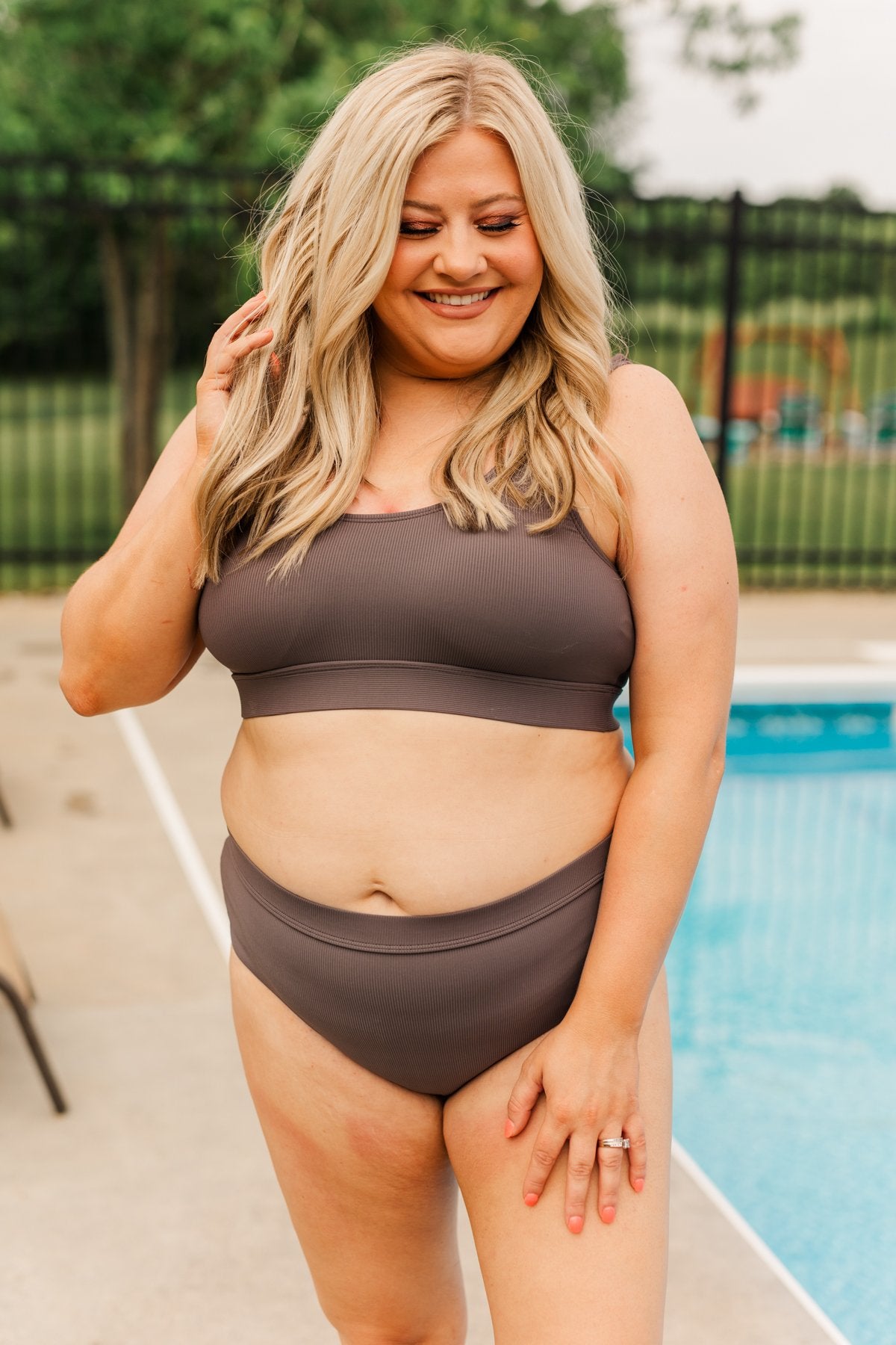 Shining Seashores Ribbed Knit Bikini Top- Charcoal