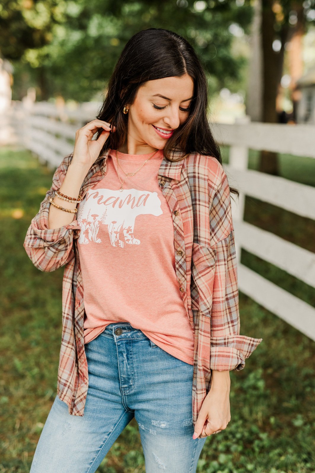 All The Fall Things Plaid Button Top- Dusty Pink, Blue, & Brown