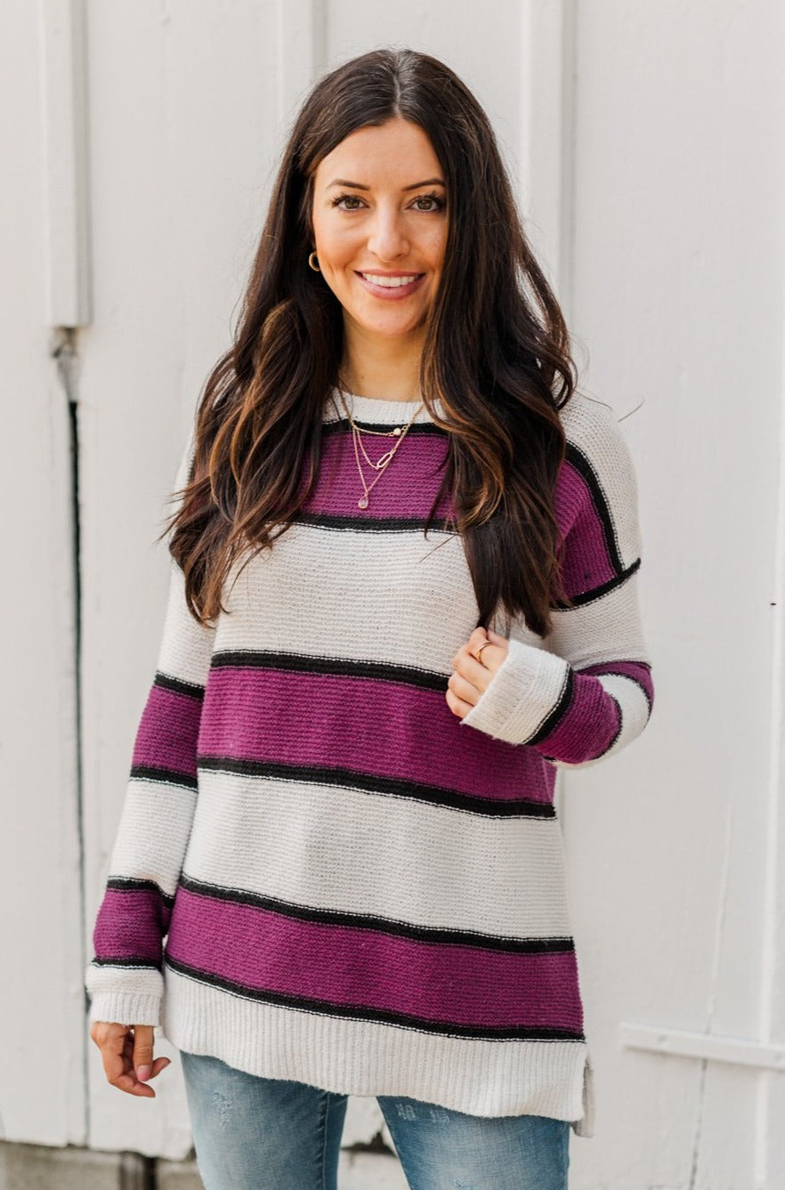 Oh So Soft Striped Knit Sweater- Magenta
