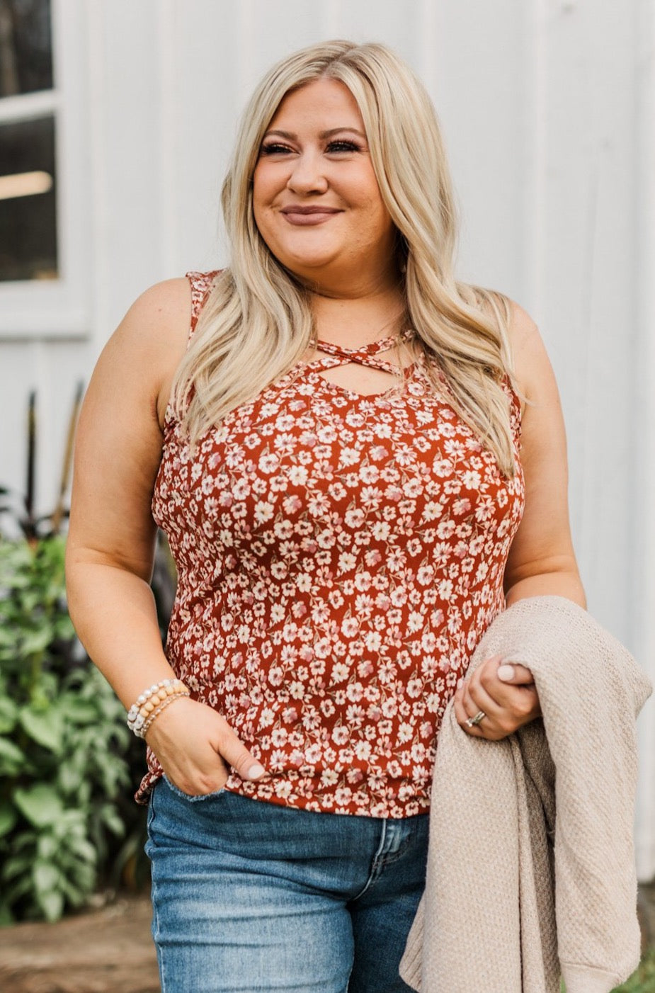 Like A Summer Breeze Floral Criss-Cross Tank- Rust