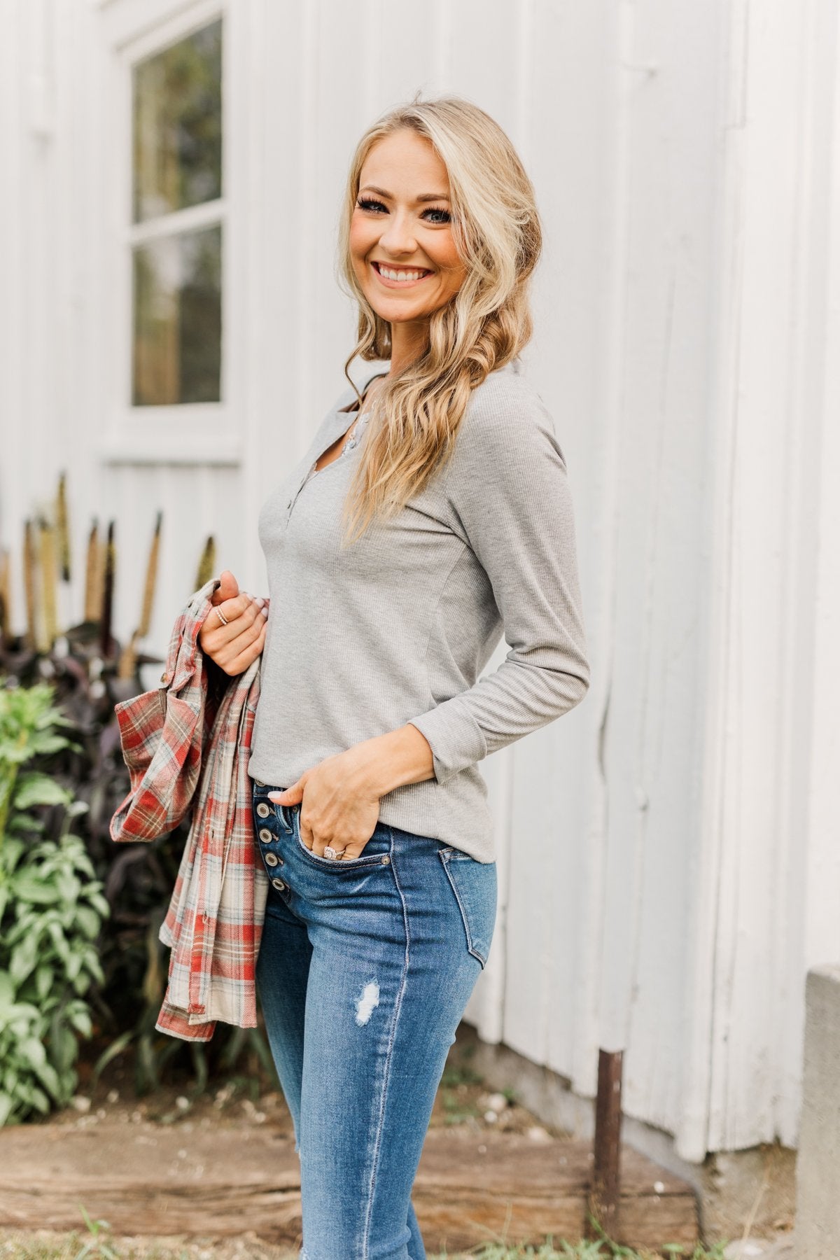 Rise To The Top Long Sleeve Henley Top- Heather Gray