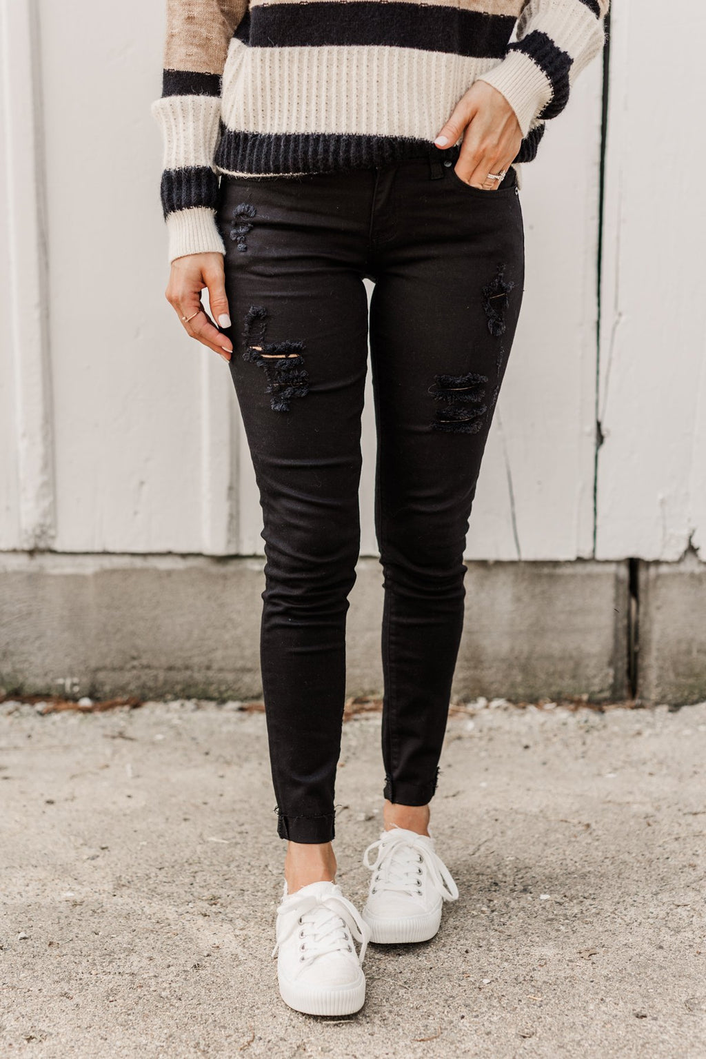 Black Ripped Jeans With White Shoes Denim Jacket Outfits With