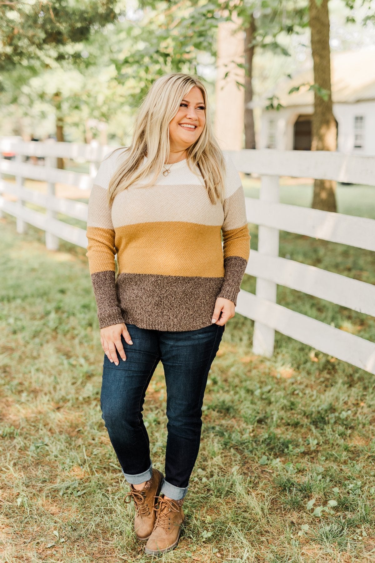 All About Autumn Color Block Knit Sweater- Camel & Oatmeal