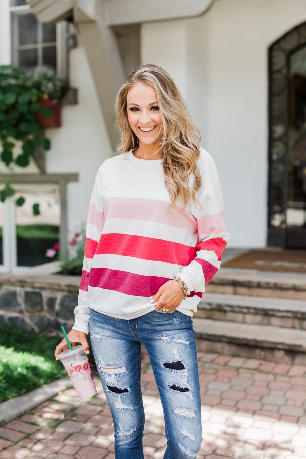 Dreaming of You Striped Pullover Top- Berry Mix