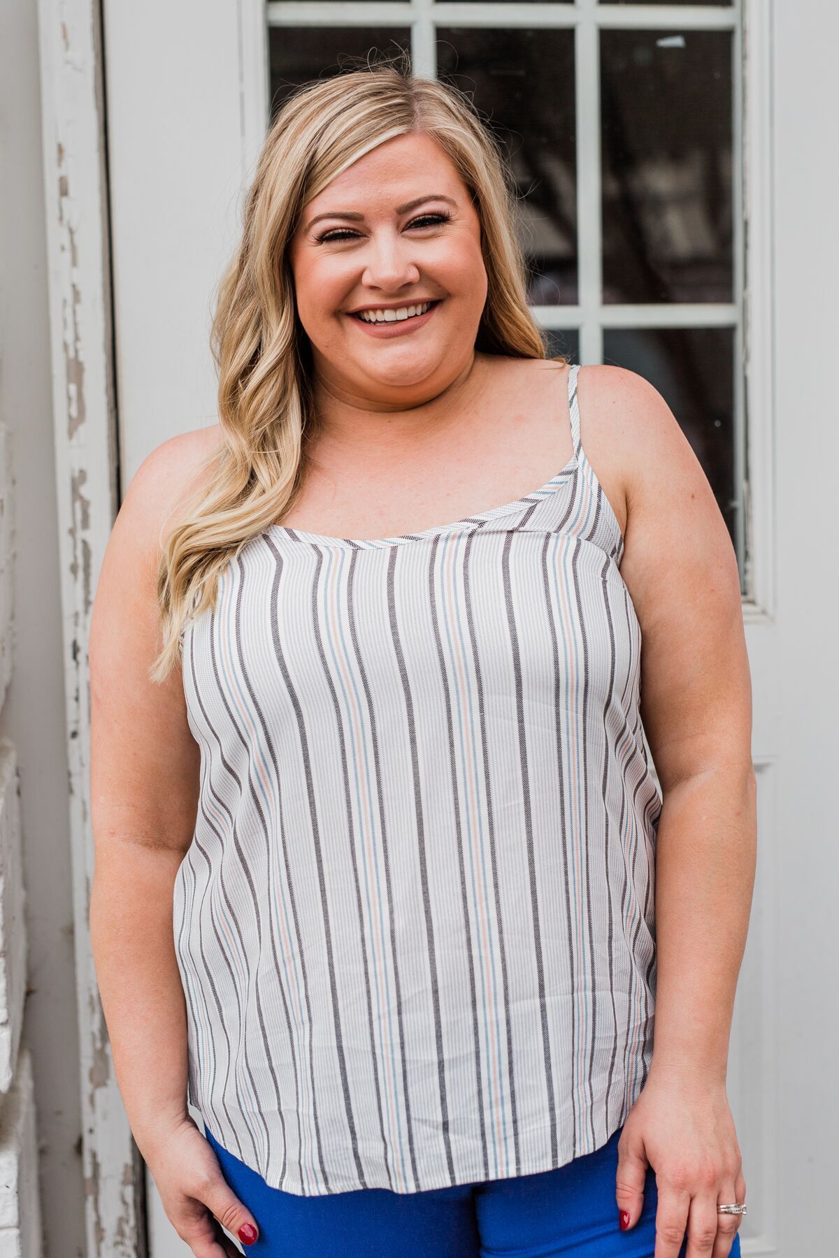 Striped Spaghetti Strap Tank Top- Grey & Blue Tones