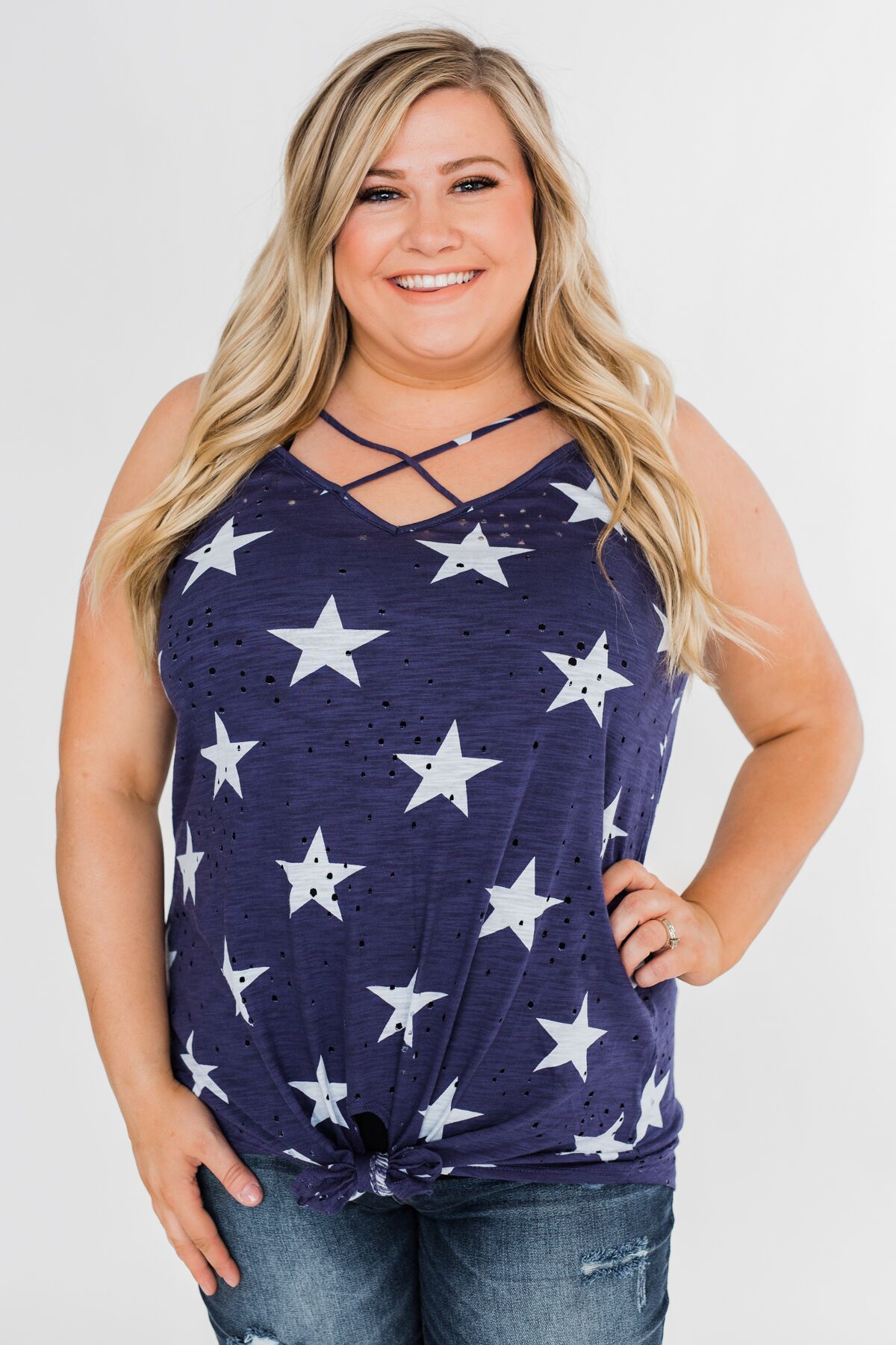 Distressed Star Tie Tank Top- Blue