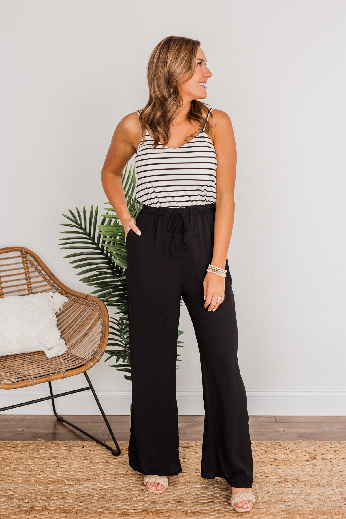 High Expectations Striped Jumpsuit- Black & White