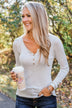 Break The Silence Button Henley Top- Light Heather Grey