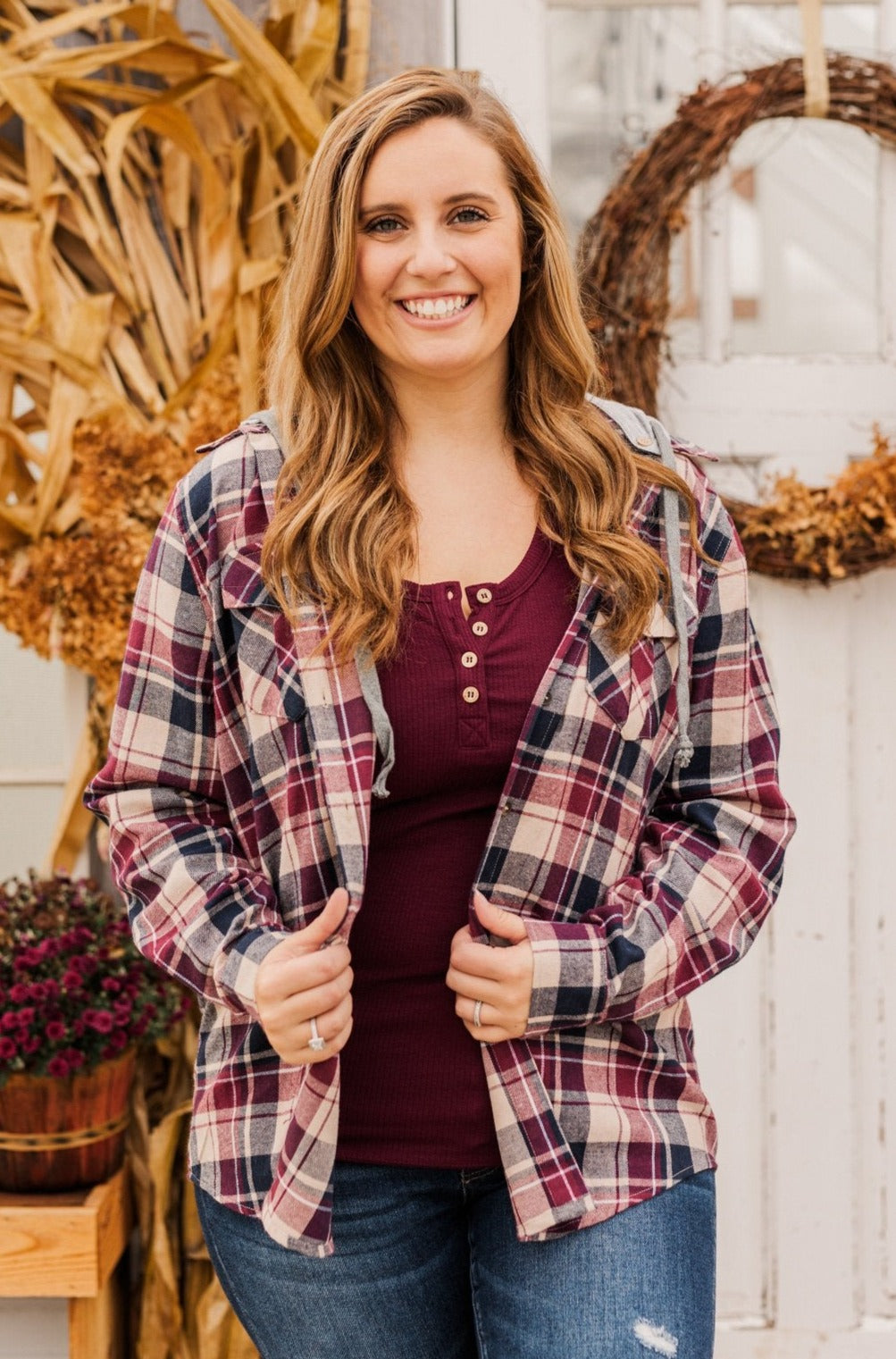 Stay With Me Hooded Plaid Top- Taupe, Navy & Cranberry