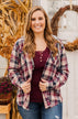 Stay With Me Hooded Plaid Top- Taupe, Navy & Cranberry