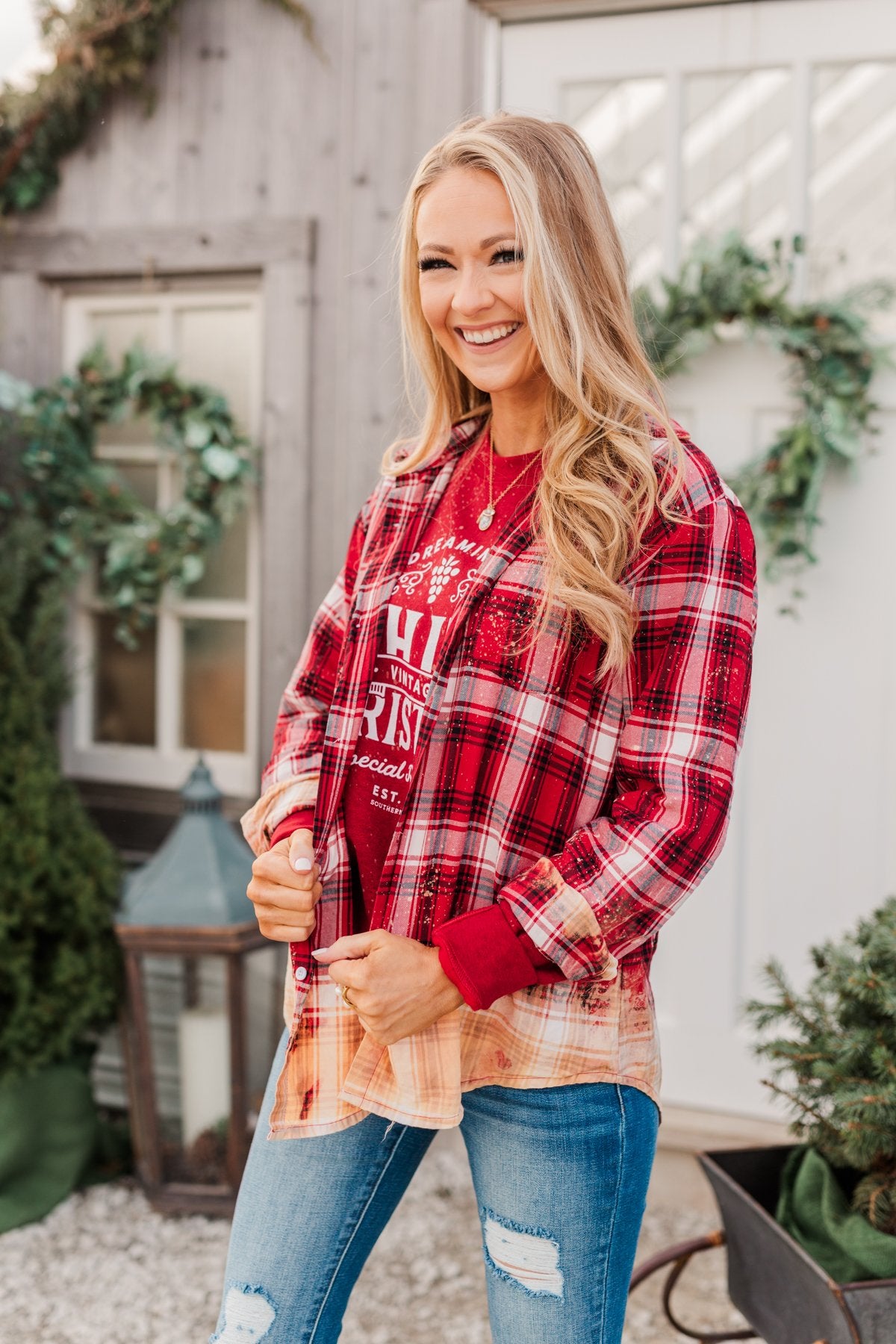 Make Them Look Bleach Dipped Plaid Top- Red