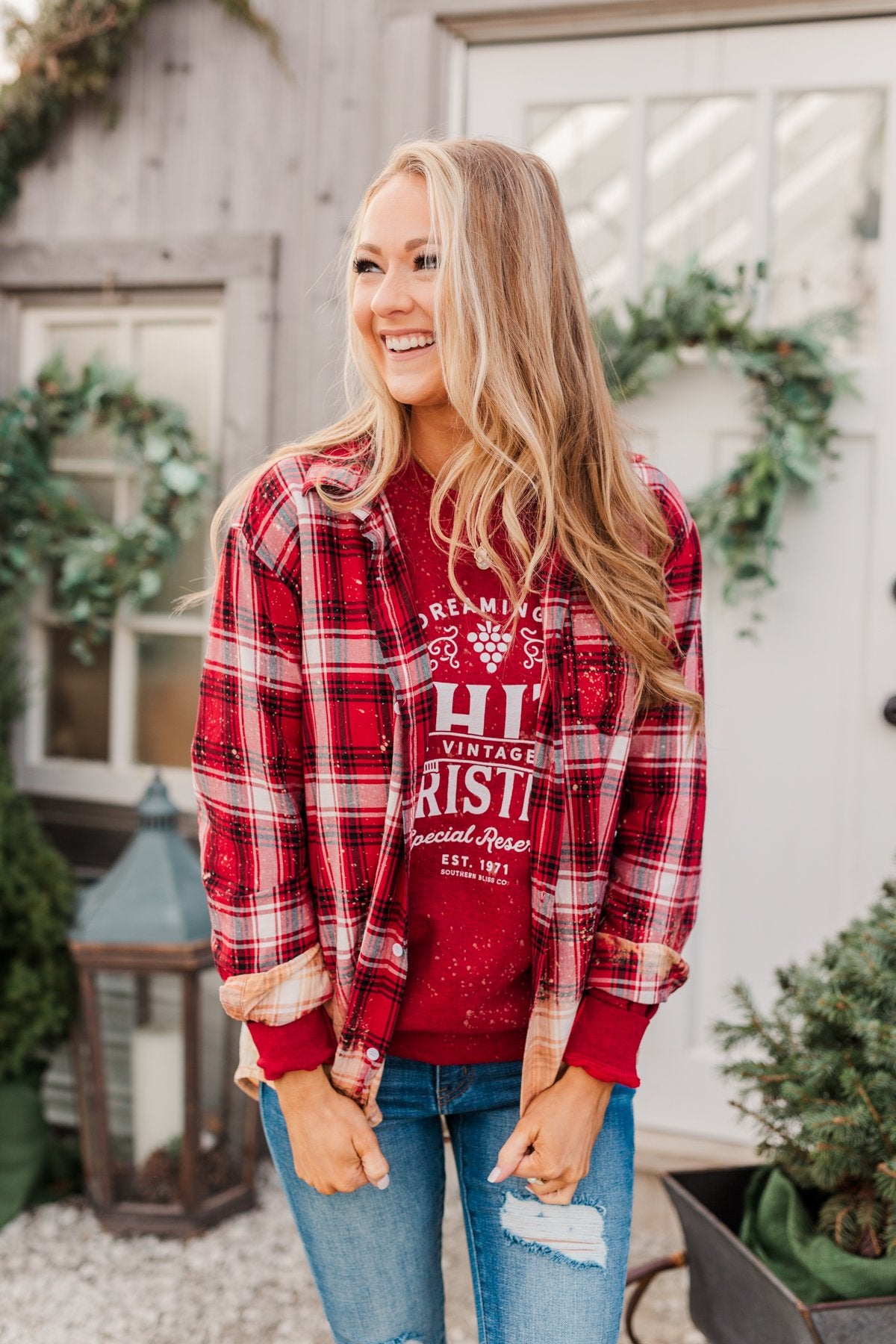 Make Them Look Bleach Dipped Plaid Top- Red