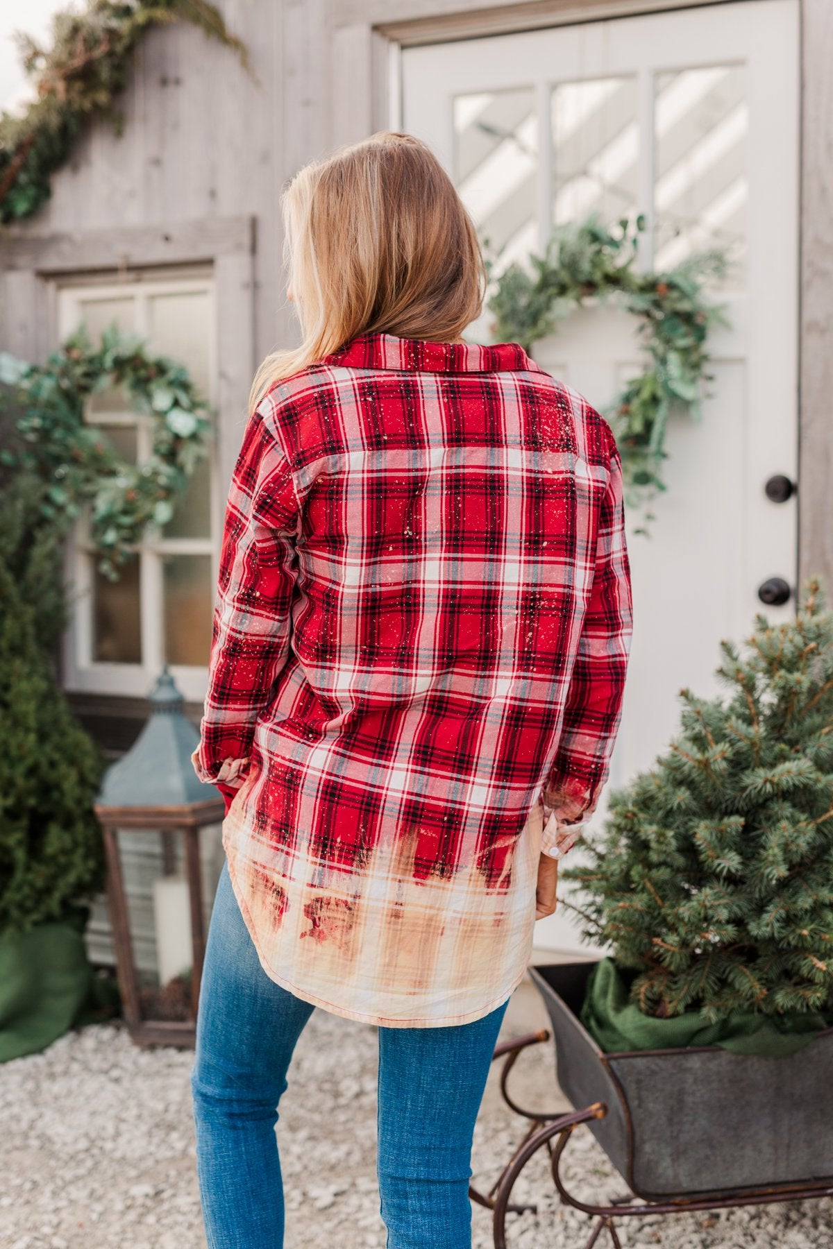 Make Them Look Bleach Dipped Plaid Top- Red