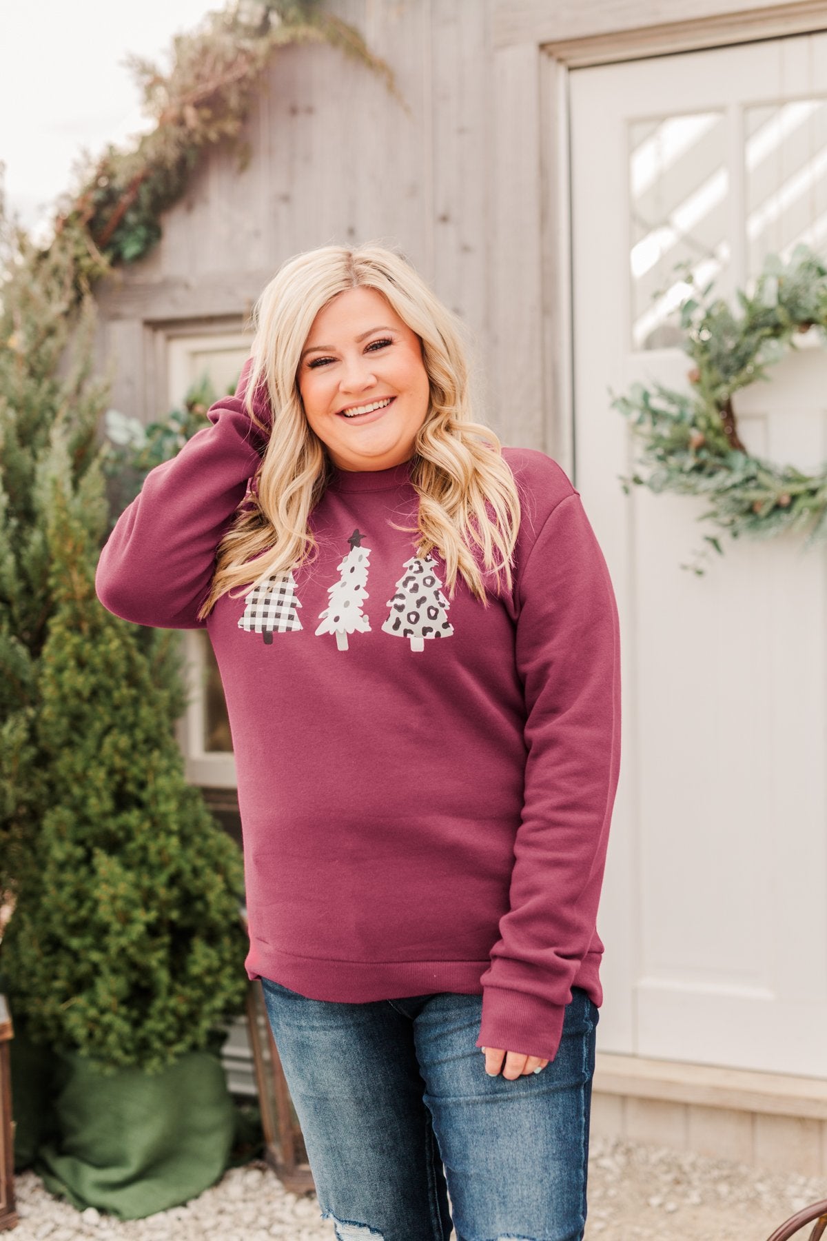 Three Christmas Trees Pullover Top- Burgundy