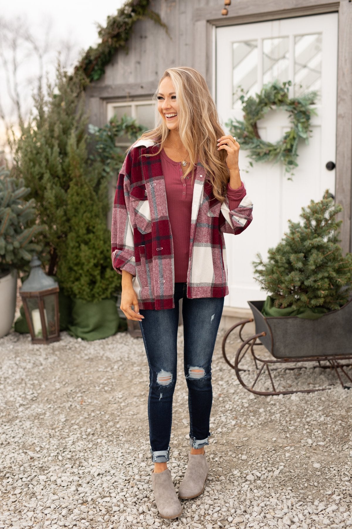 Time For A Change Plaid Flannel Jacket- Wine