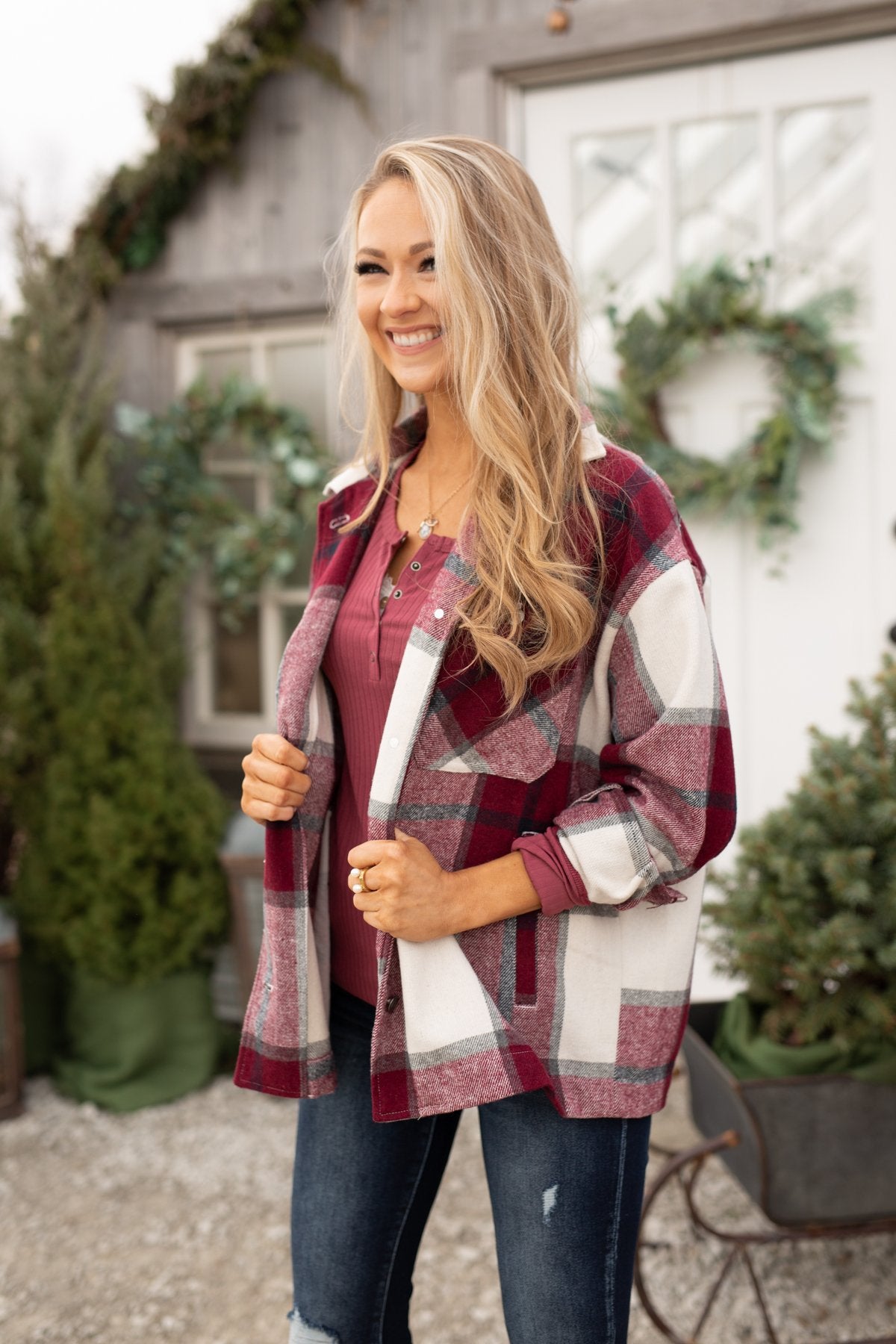 Time For A Change Plaid Flannel Jacket- Wine