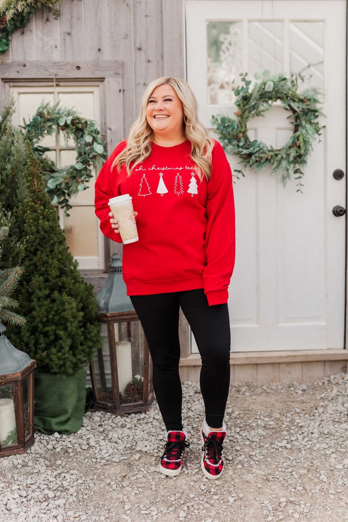 "Oh Christmas Tree" Graphic Crewneck Pullover- Holiday Red