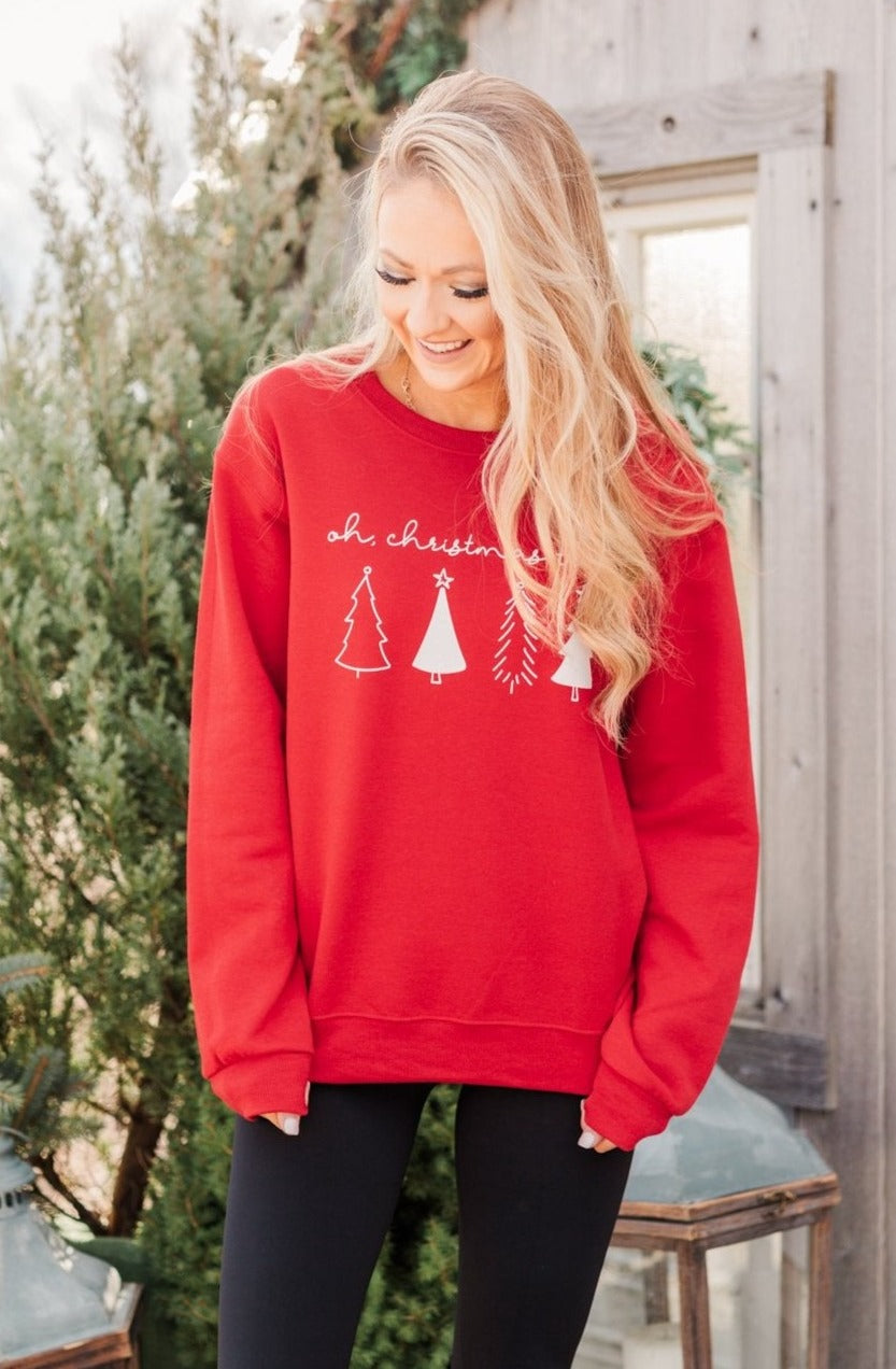 "Oh Christmas Tree" Graphic Crewneck Pullover- Holiday Red
