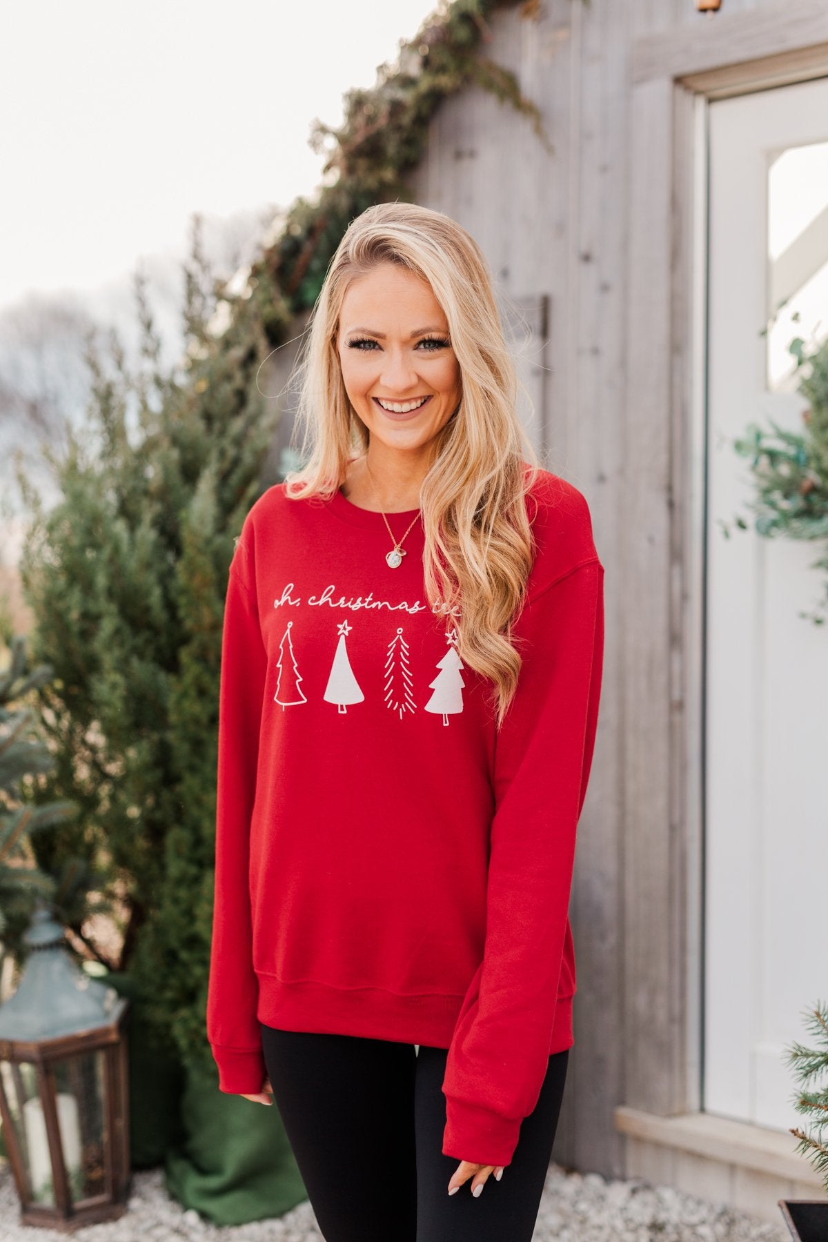 "Oh Christmas Tree" Graphic Crewneck Pullover- Holiday Red
