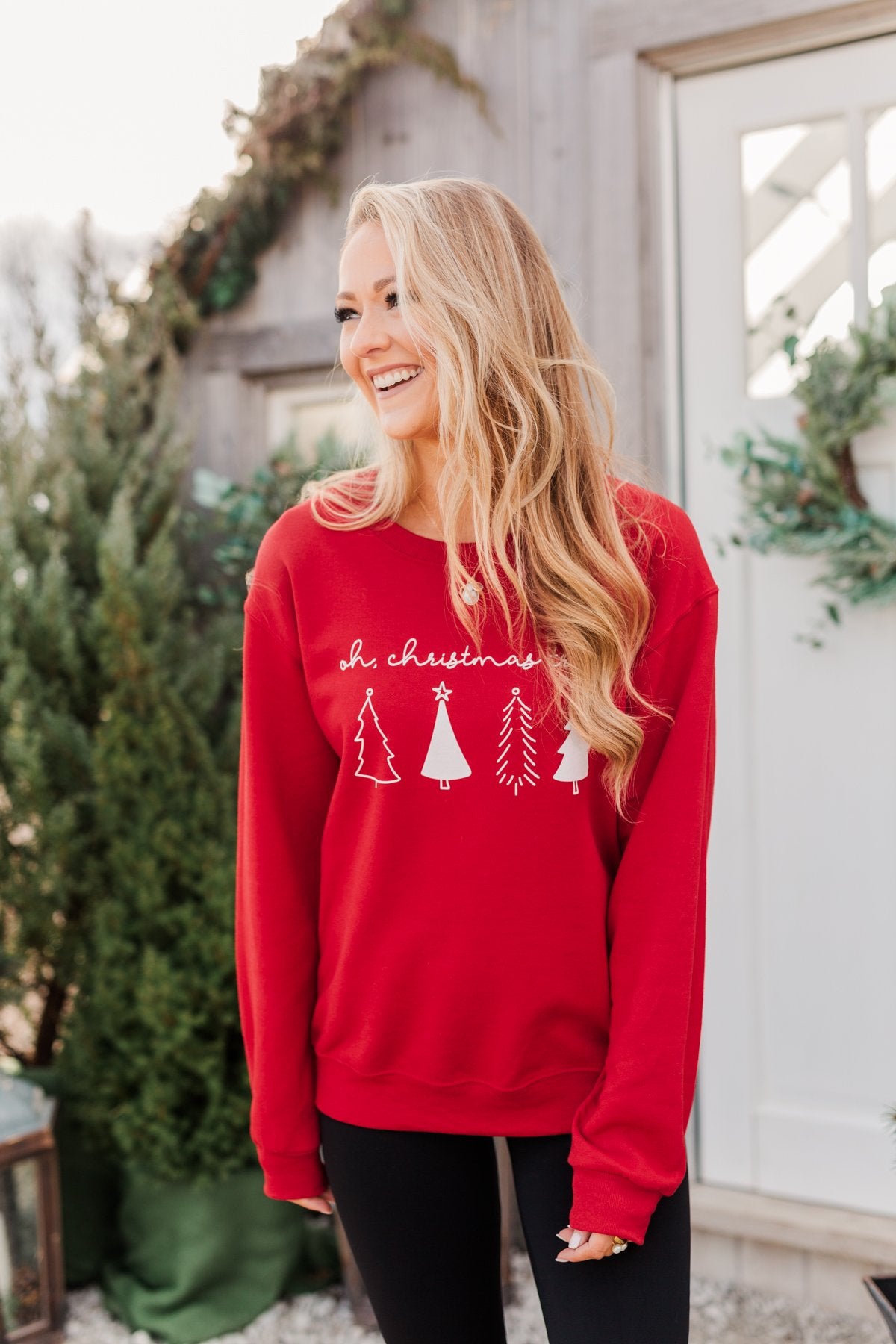 "Oh Christmas Tree" Graphic Crewneck Pullover- Holiday Red