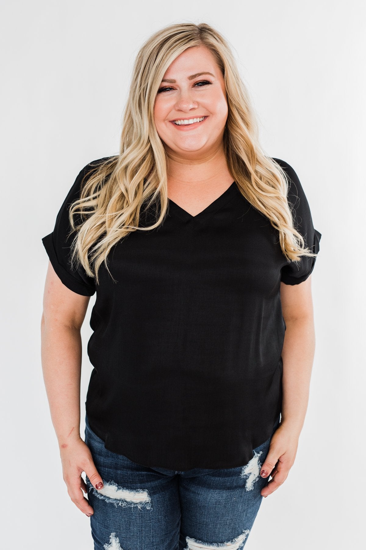Basic Beauty V-Neck Short Sleeve Top- Black