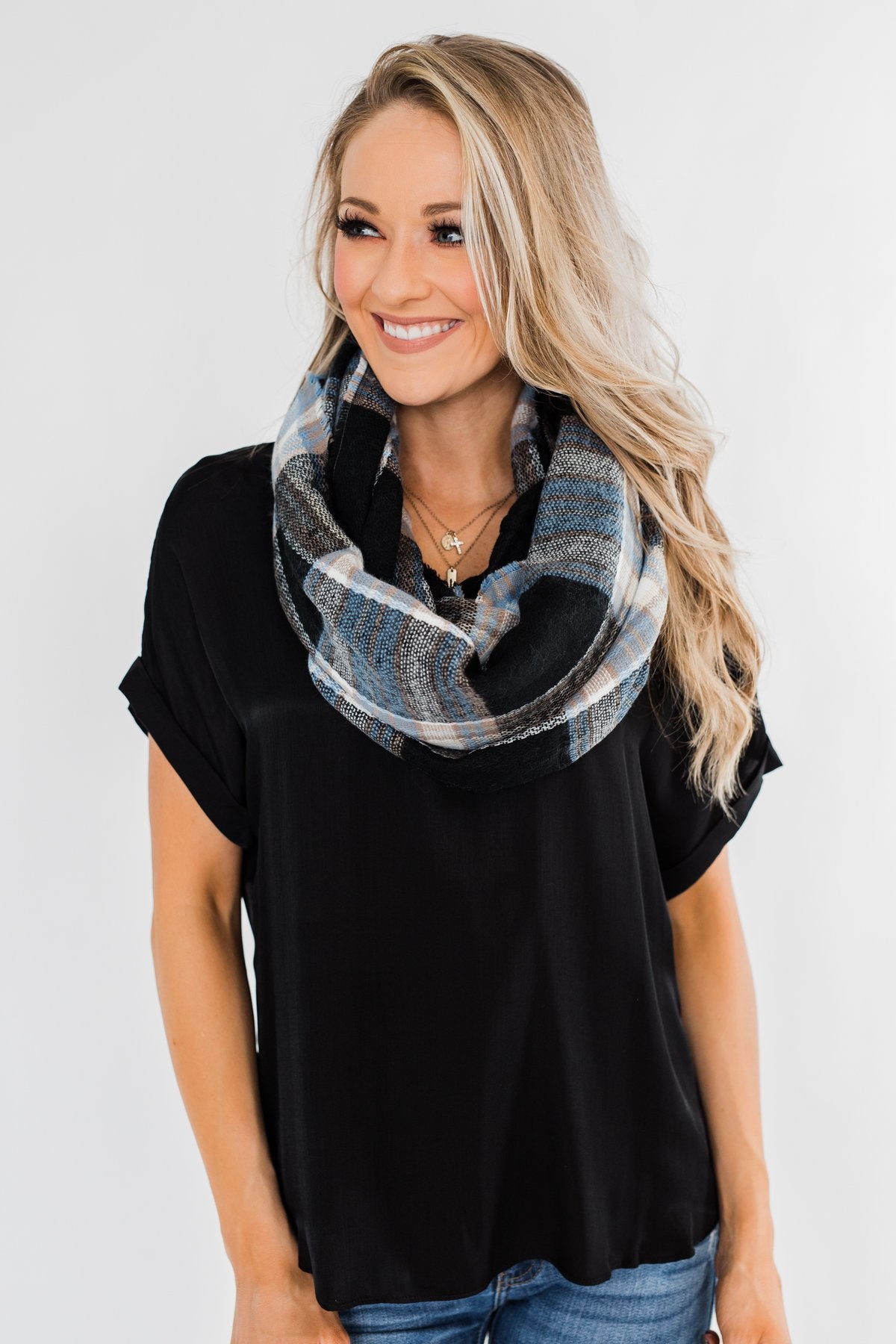 Perfect Infinity Scarf- Light Blue, Black, & Mocha