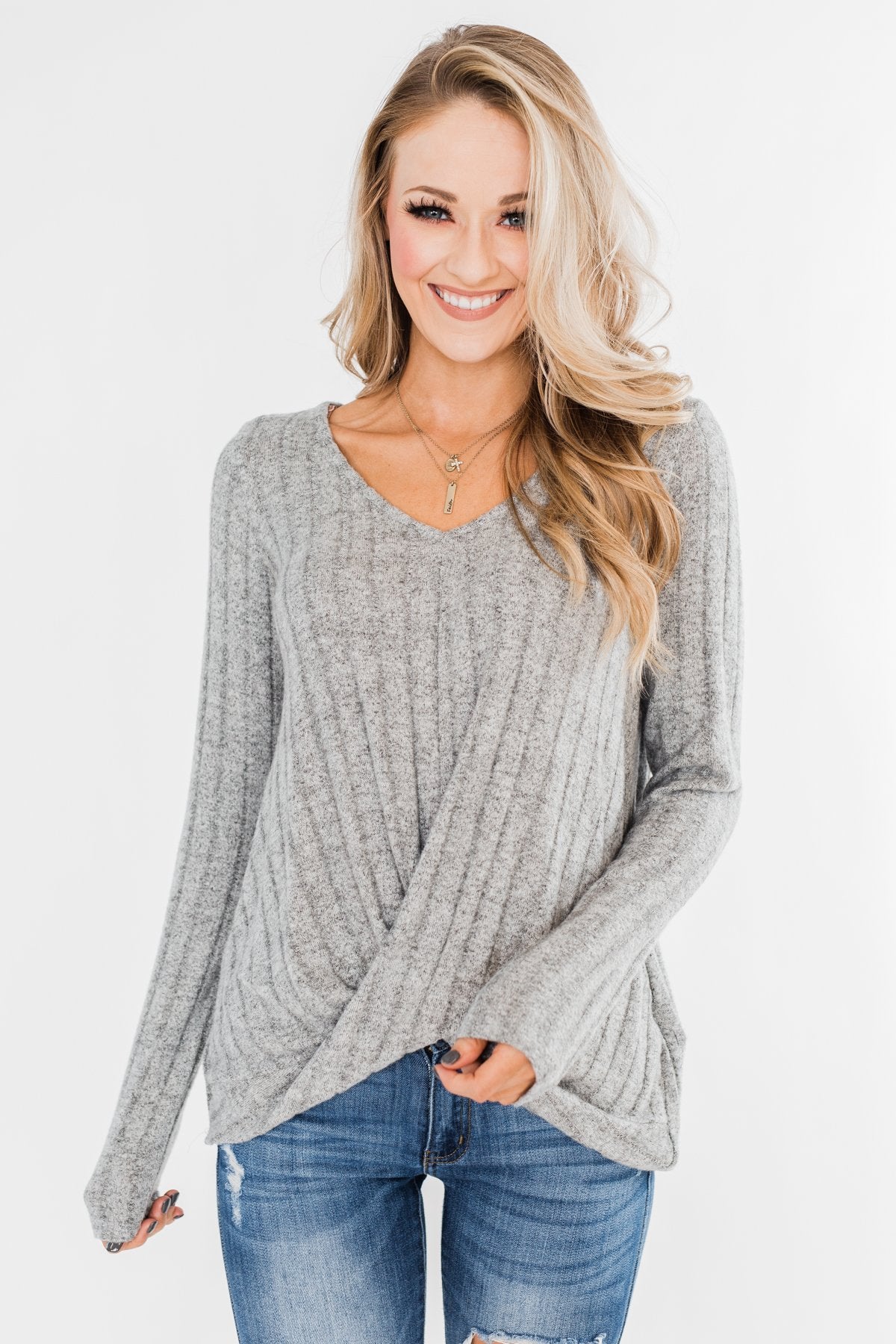 Path To Happiness Long Sleeve Twist Top- Heather Grey