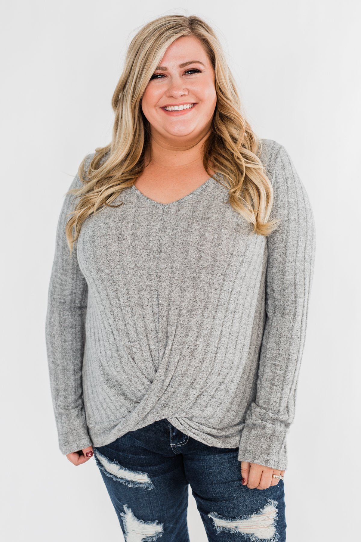 Path To Happiness Long Sleeve Twist Top- Heather Grey