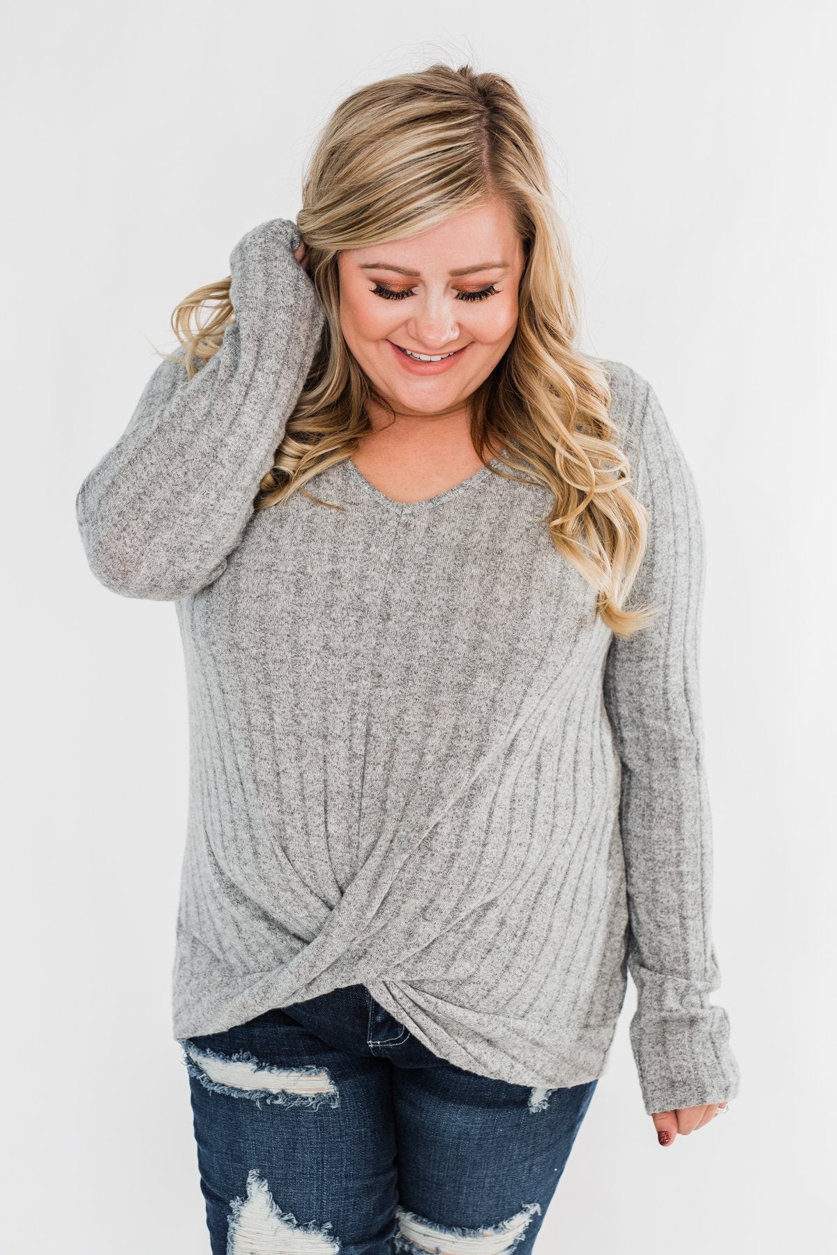 Path To Happiness Long Sleeve Twist Top- Heather Grey