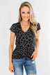 Wild Adventures V-Neck Leopard Top- Charcoal