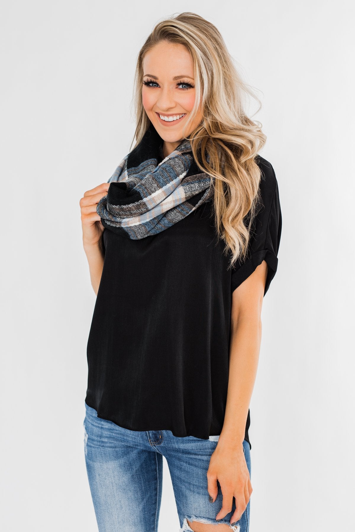 Perfect Infinity Scarf- Light Blue, Black, & Mocha