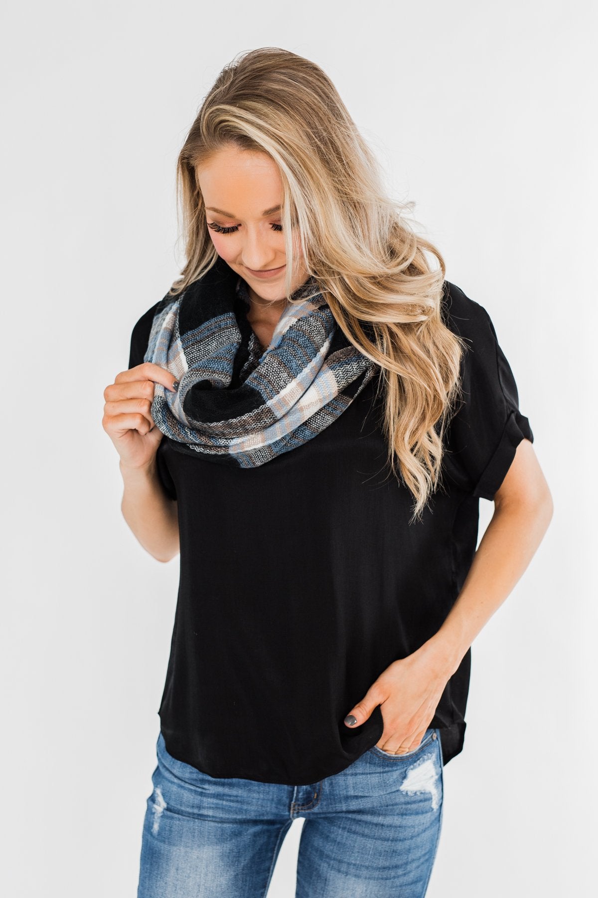 Perfect Infinity Scarf- Light Blue, Black, & Mocha