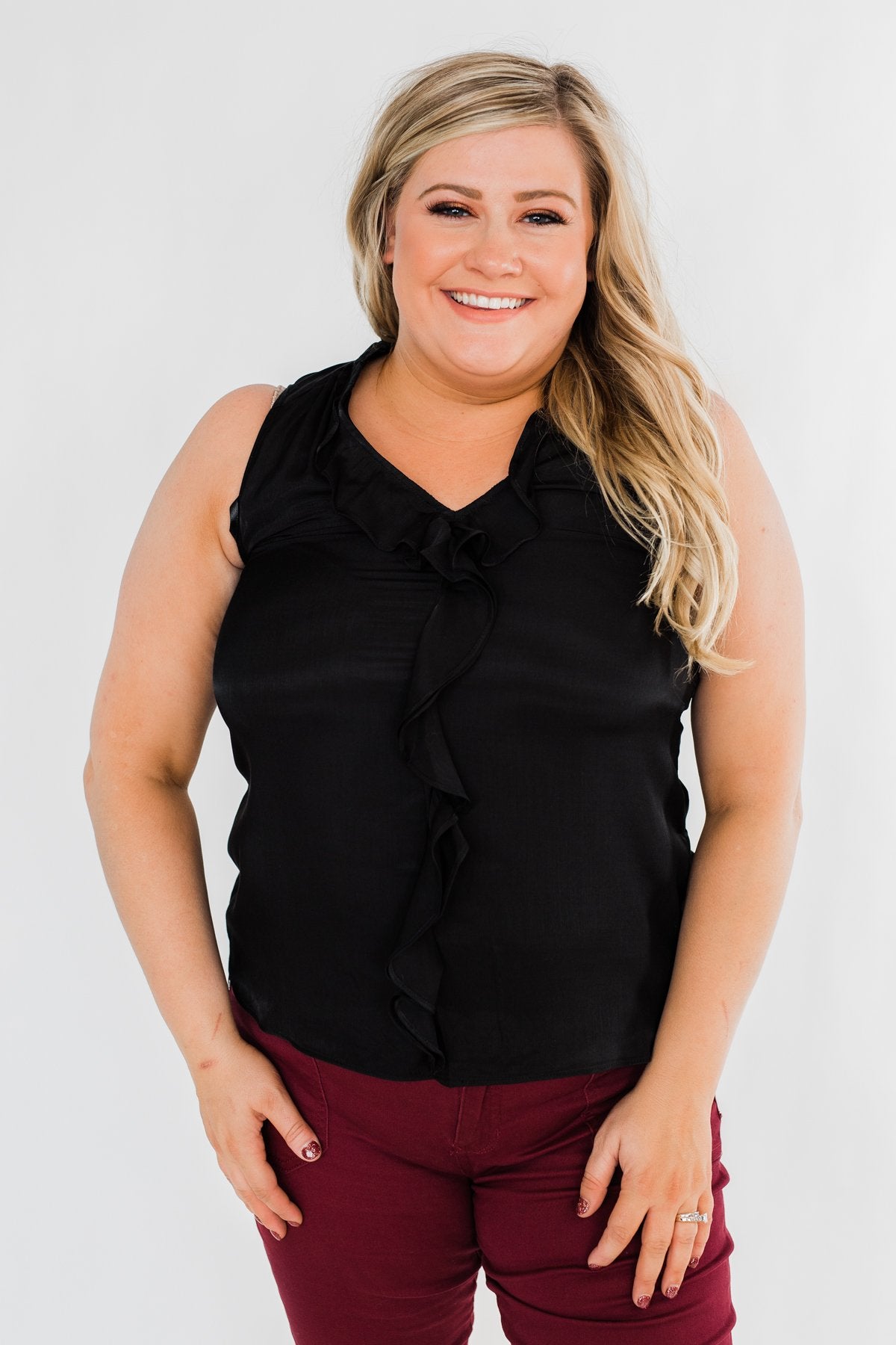 Always Had A Feeling Ruffled Tank Top- Black