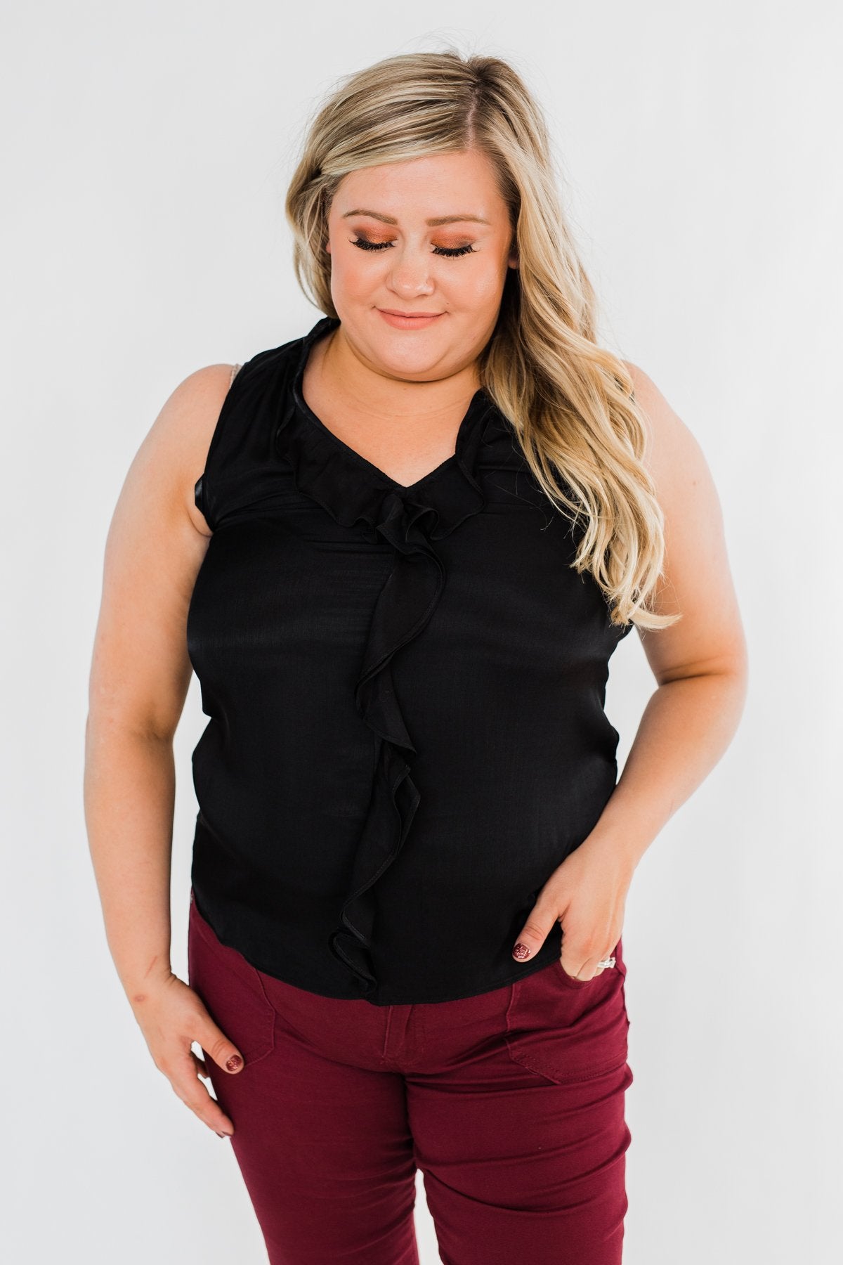 Always Had A Feeling Ruffled Tank Top- Black