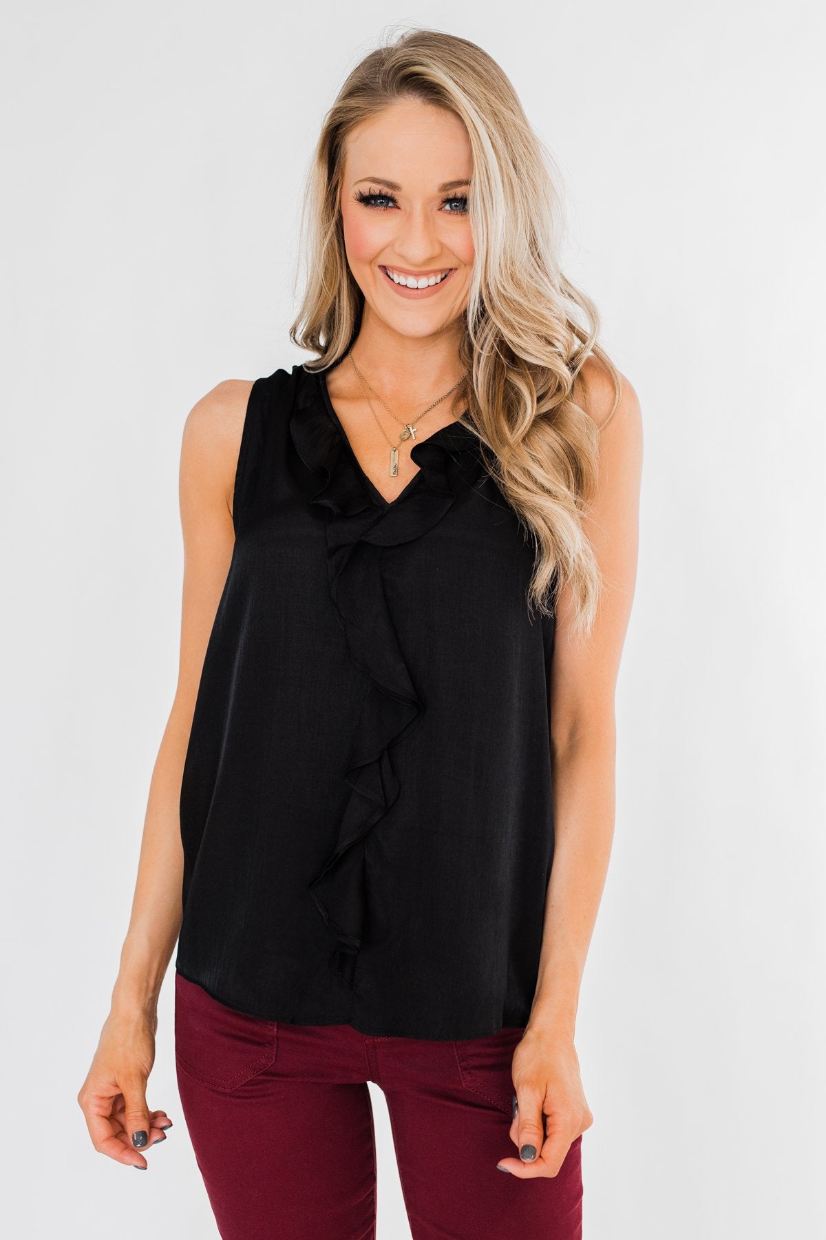 Always Had A Feeling Ruffled Tank Top- Black
