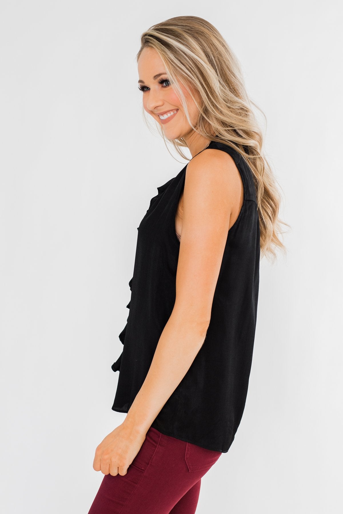 Always Had A Feeling Ruffled Tank Top- Black