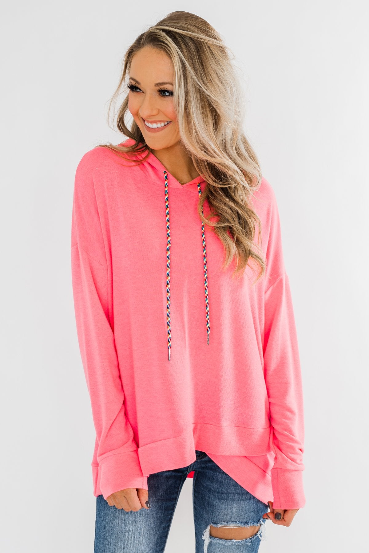 Be Happy Long Sleeve Pullover- Neon Pink