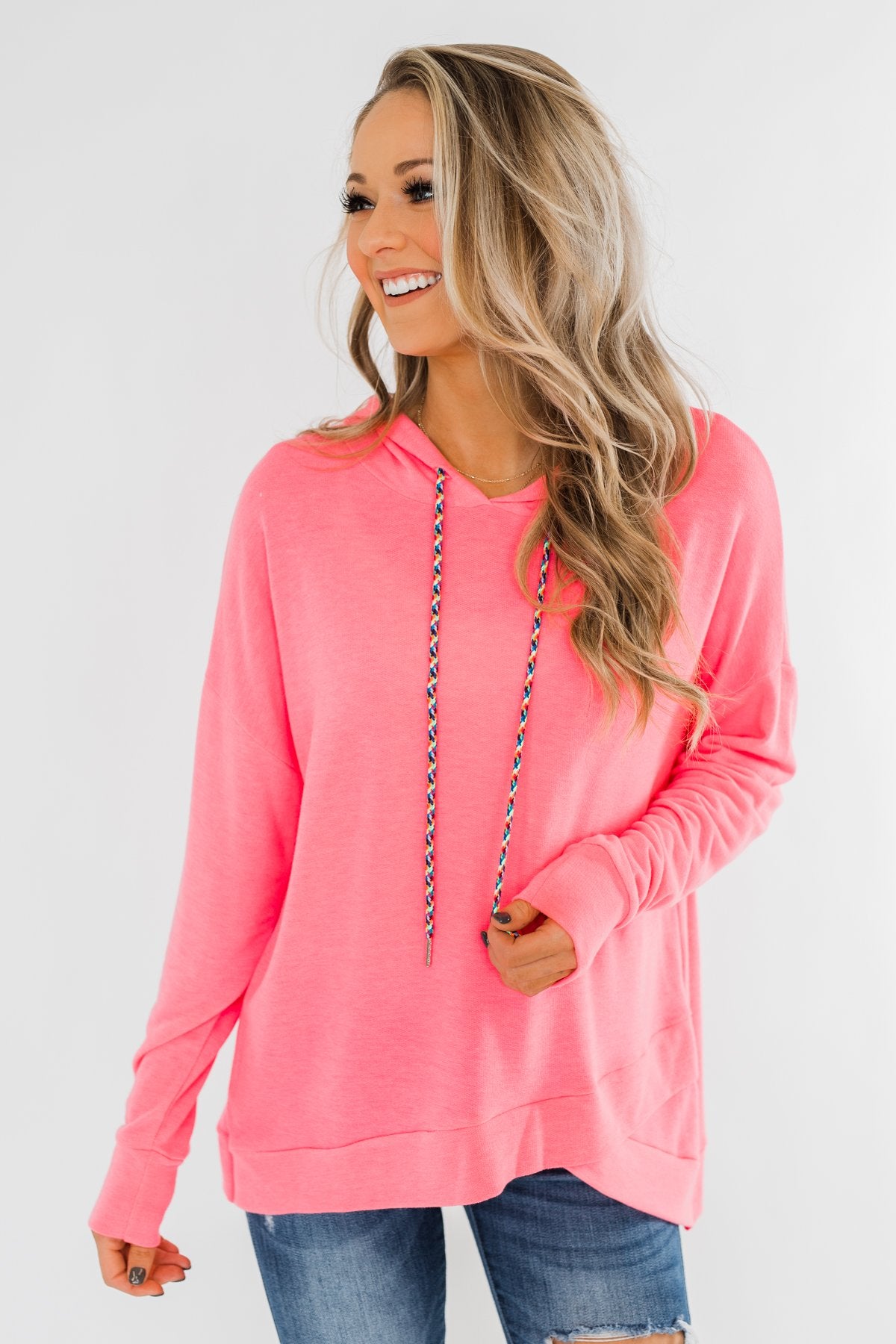 Be Happy Long Sleeve Pullover- Neon Pink