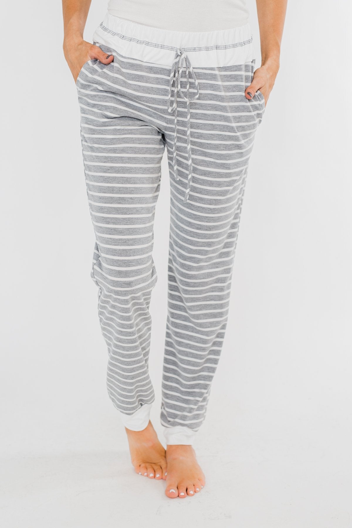Cozy Striped Joggers- Heather Grey & Ivory
