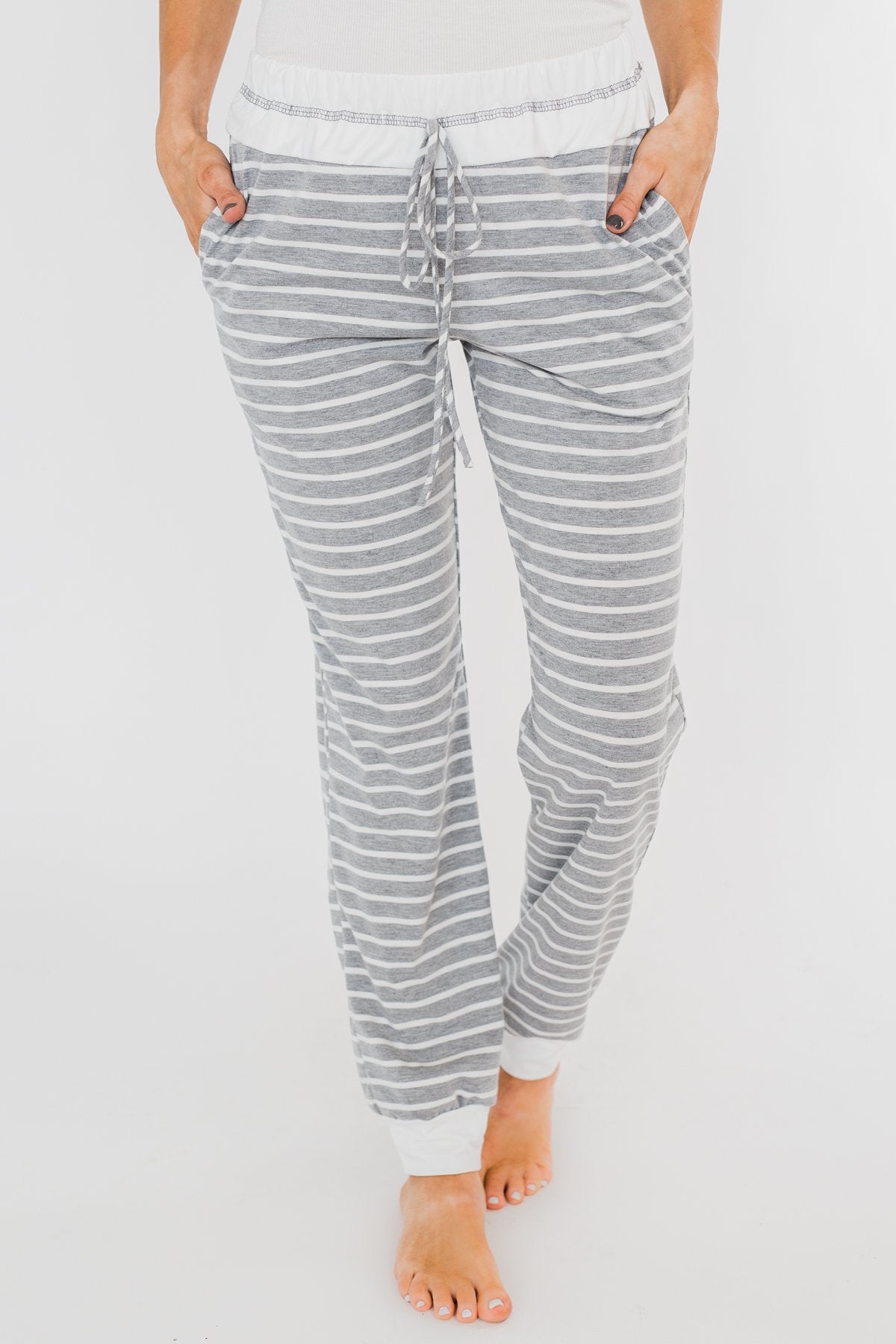 Cozy Striped Joggers- Heather Grey & Ivory