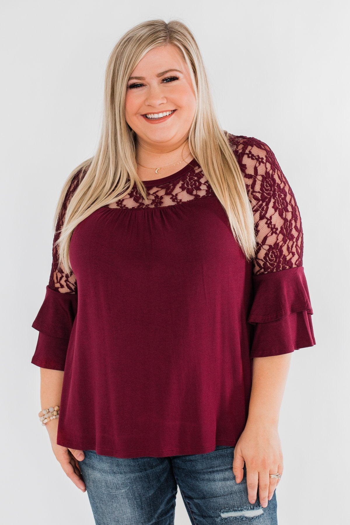 Right Beside Me Lace & Ruffles Top- Burgundy