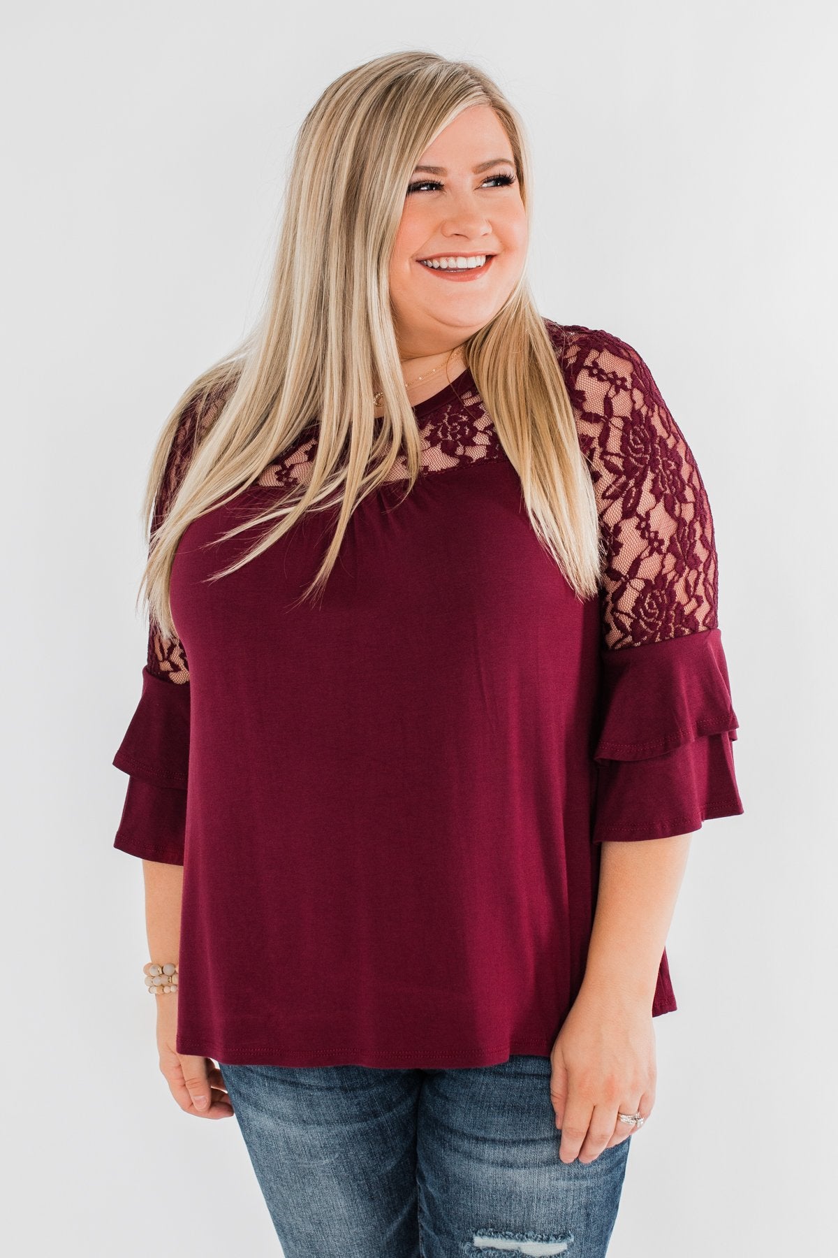 Right Beside Me Lace & Ruffles Top- Burgundy