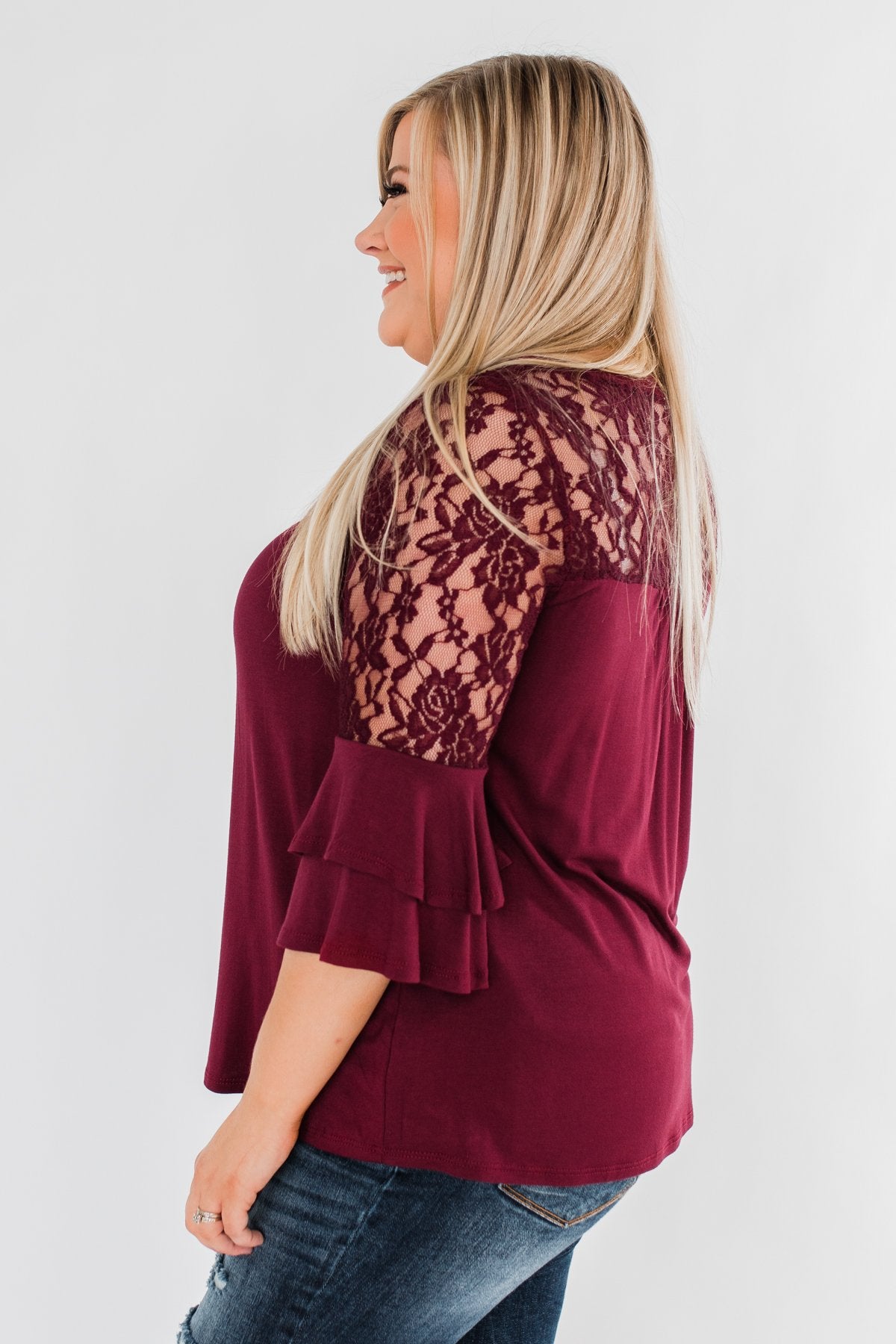Right Beside Me Lace & Ruffles Top- Burgundy