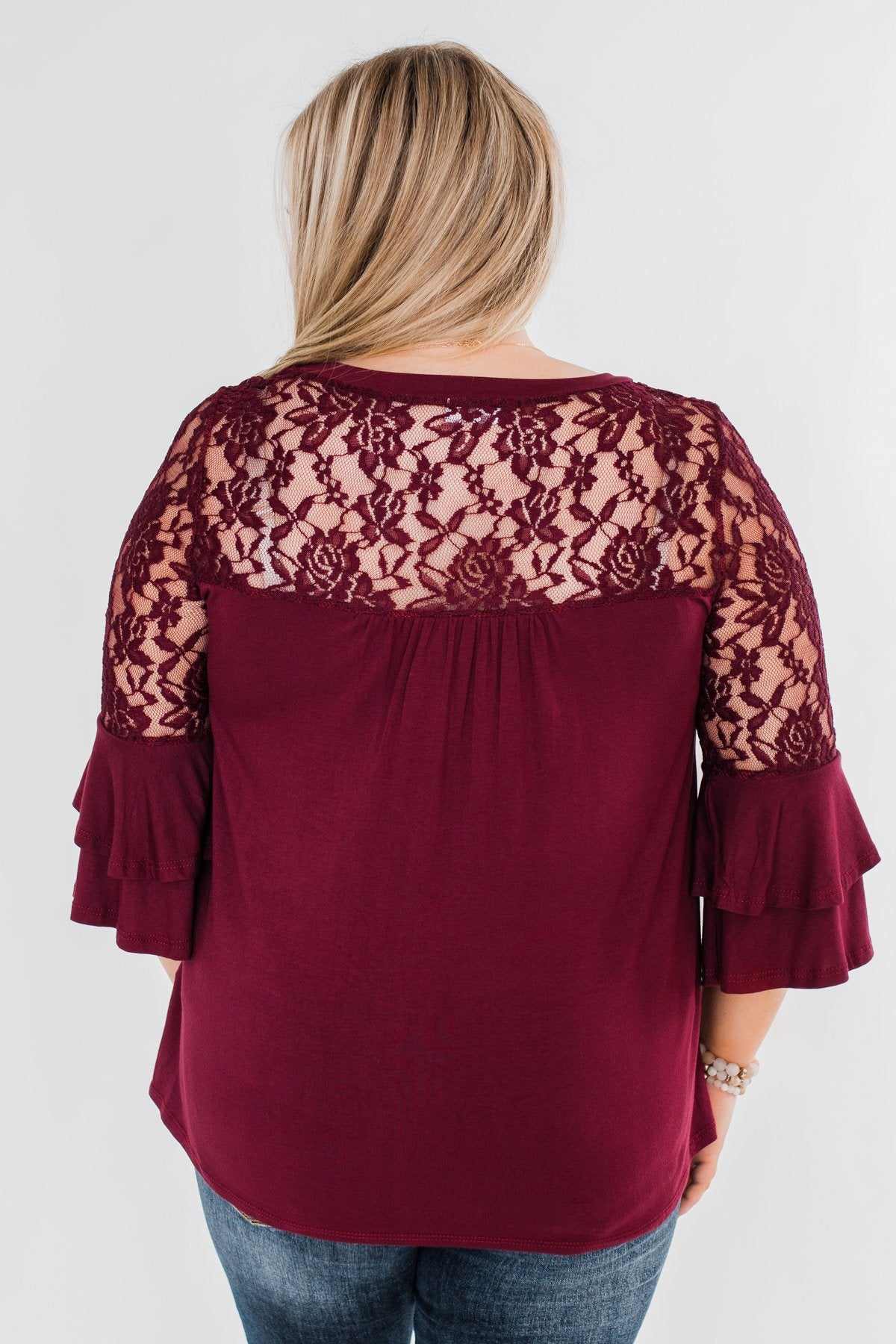 Right Beside Me Lace & Ruffles Top- Burgundy