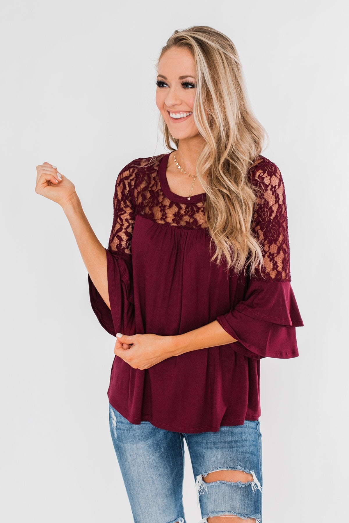 Right Beside Me Lace & Ruffles Top- Burgundy