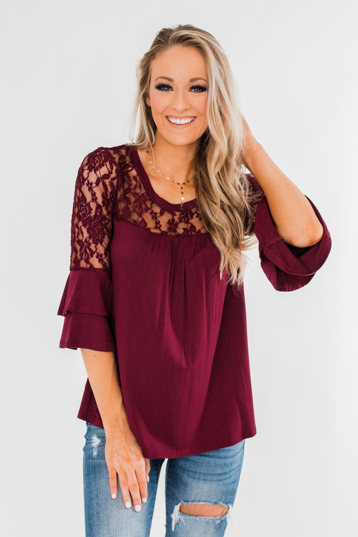 Right Beside Me Lace & Ruffles Top- Burgundy