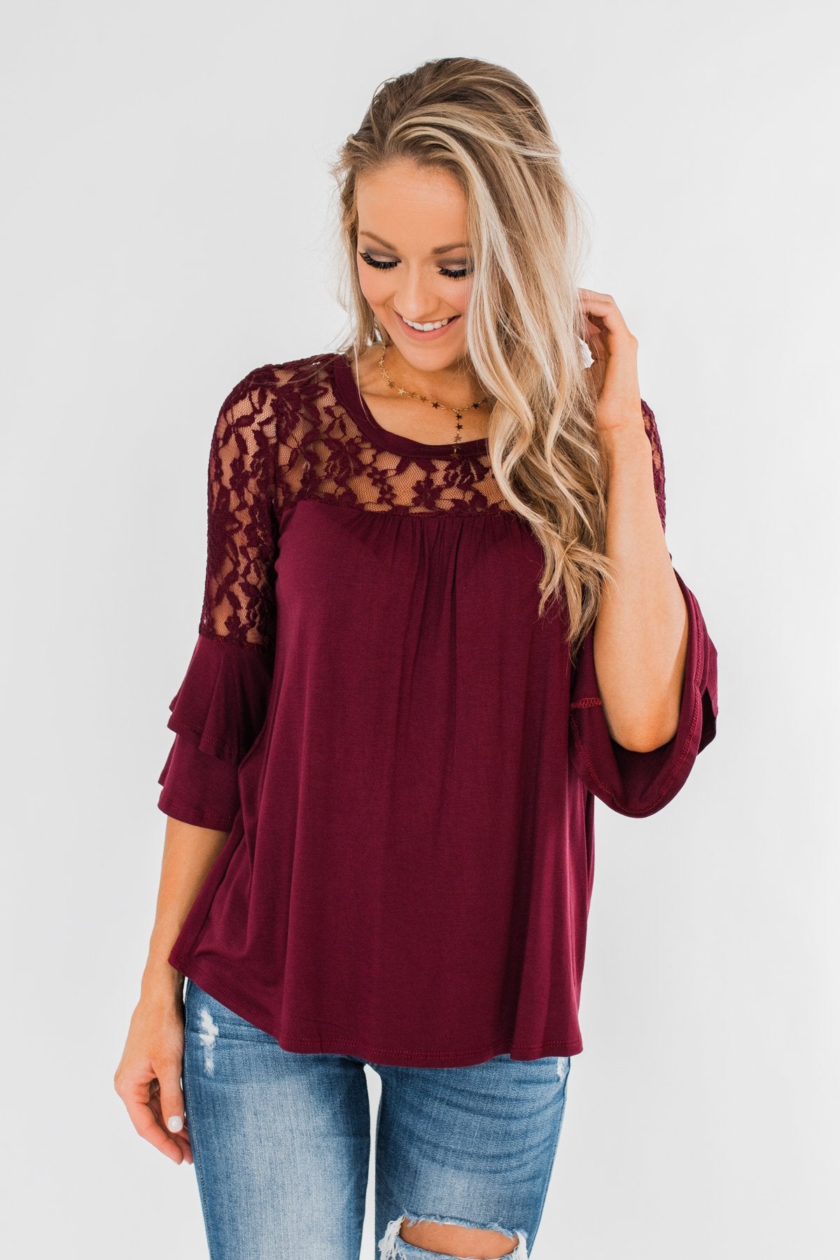 Right Beside Me Lace & Ruffles Top- Burgundy