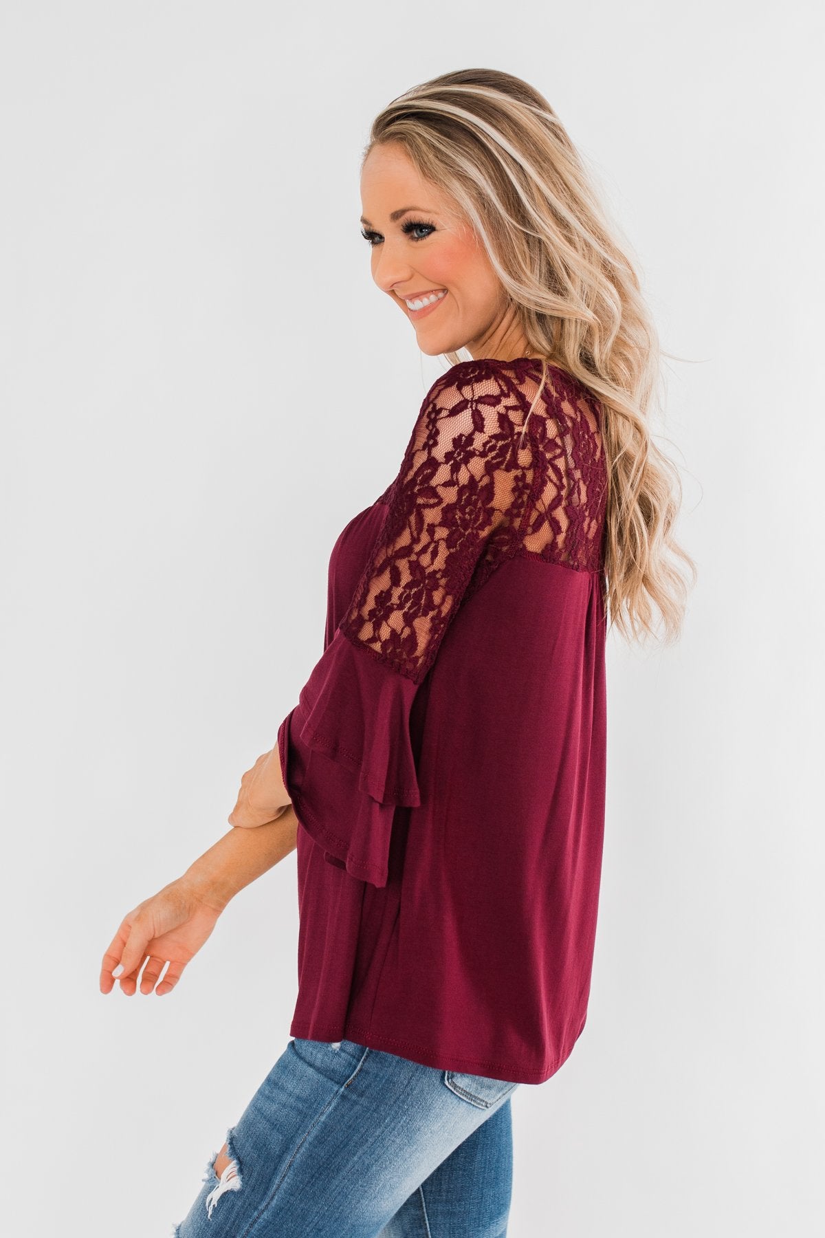 Right Beside Me Lace & Ruffles Top- Burgundy