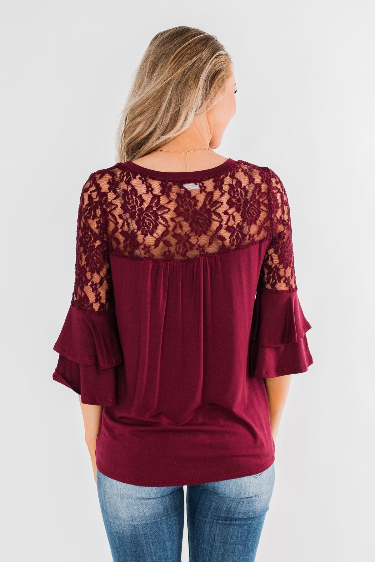 Right Beside Me Lace & Ruffles Top- Burgundy